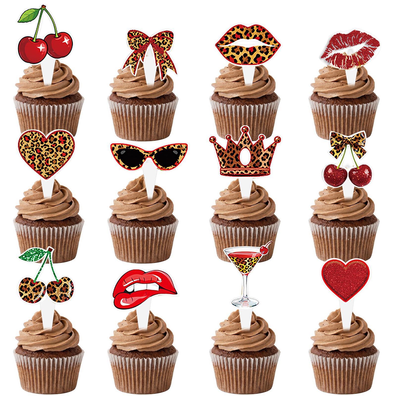 Tazuxetuqe 48 Pieces Leopard Print Cherry Cupcake Toppers Cheetah Birthday Decorations Leopard Bow Cocktail Red Lips Cupcake Picks for Birthday Baby Shower and Party