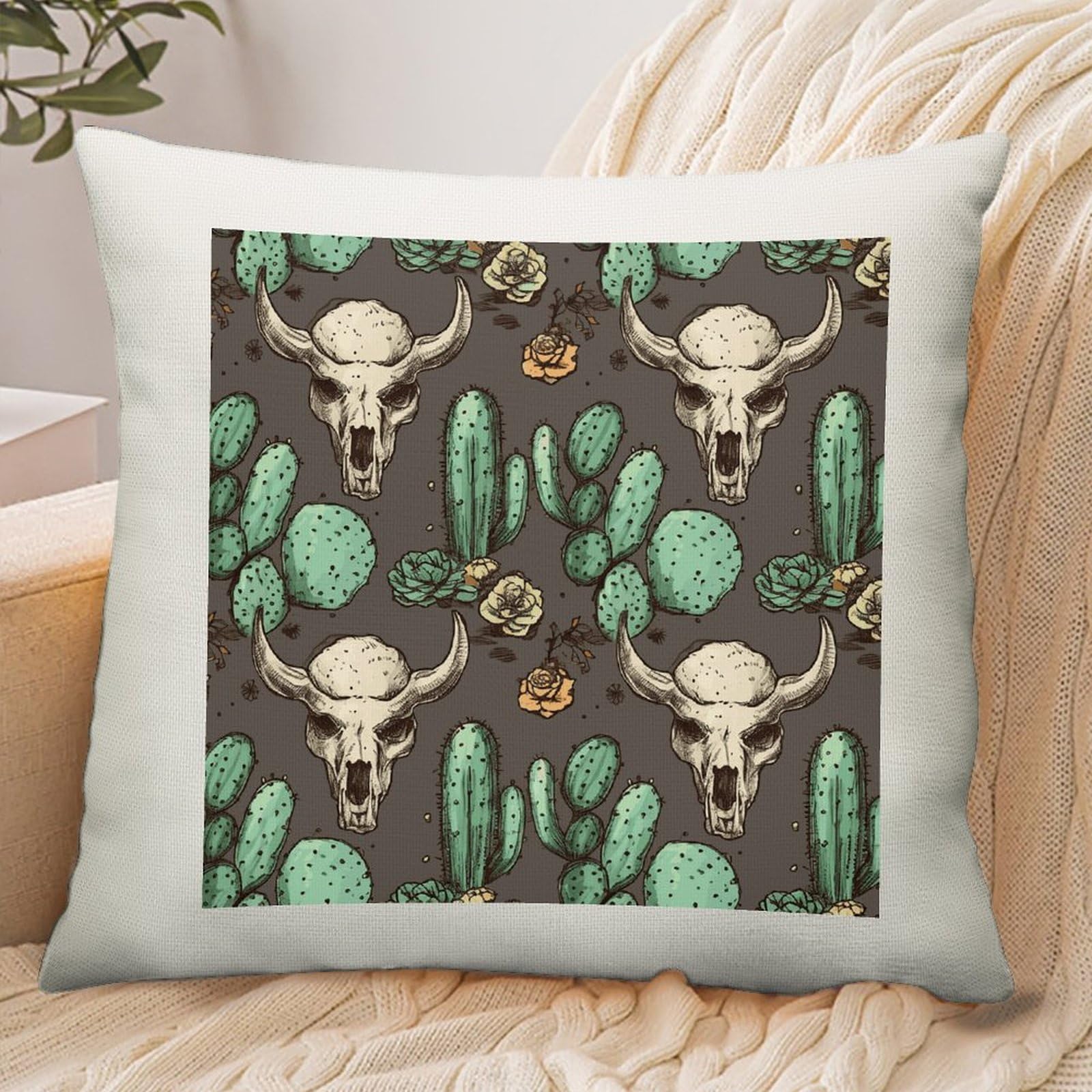 Adfgyerh Style Skull Of Bull And Cute Cactus Pillow Cover Breathable,Pillowcases Boho Decorative Envelope Closure,Throw Pillow Covers For Beach,Patio,Balcony,Couch Living Room 16 * 16In
