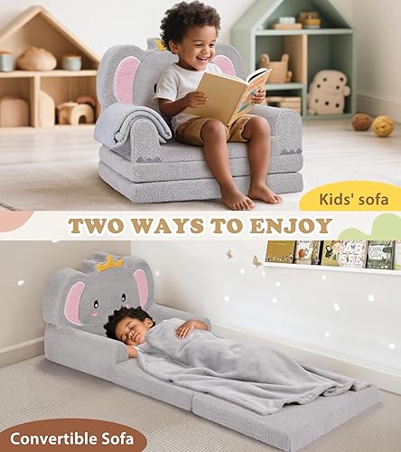 Miniatura 5 de Sofá para niños, sofá suave 2 en 1 plegable con manta, silla cómoda, sofá plegable de felpa convertible, regalos para niños, niñas y niños, elefante