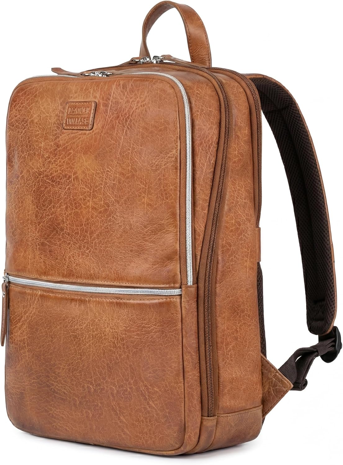 LEATHER VILLAGE Leather Laptop Backpack for Men | Cognac | Slim Professional Business Bag Fits 15.6”-Laptop | Water-Repellent Work & Travel Daypack with Trolley Strap