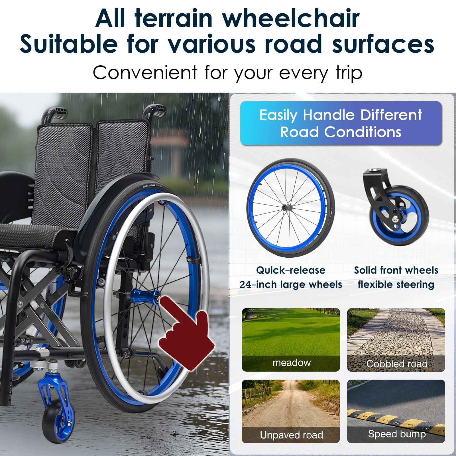 Silla de ruedas manual ligera, silla de ruedas deportiva ultraligera portátil todo terreno, silla de ruedas plegable, sillas de ruedas de transporte con antivuelco(Blue A,40cm/15.7in)