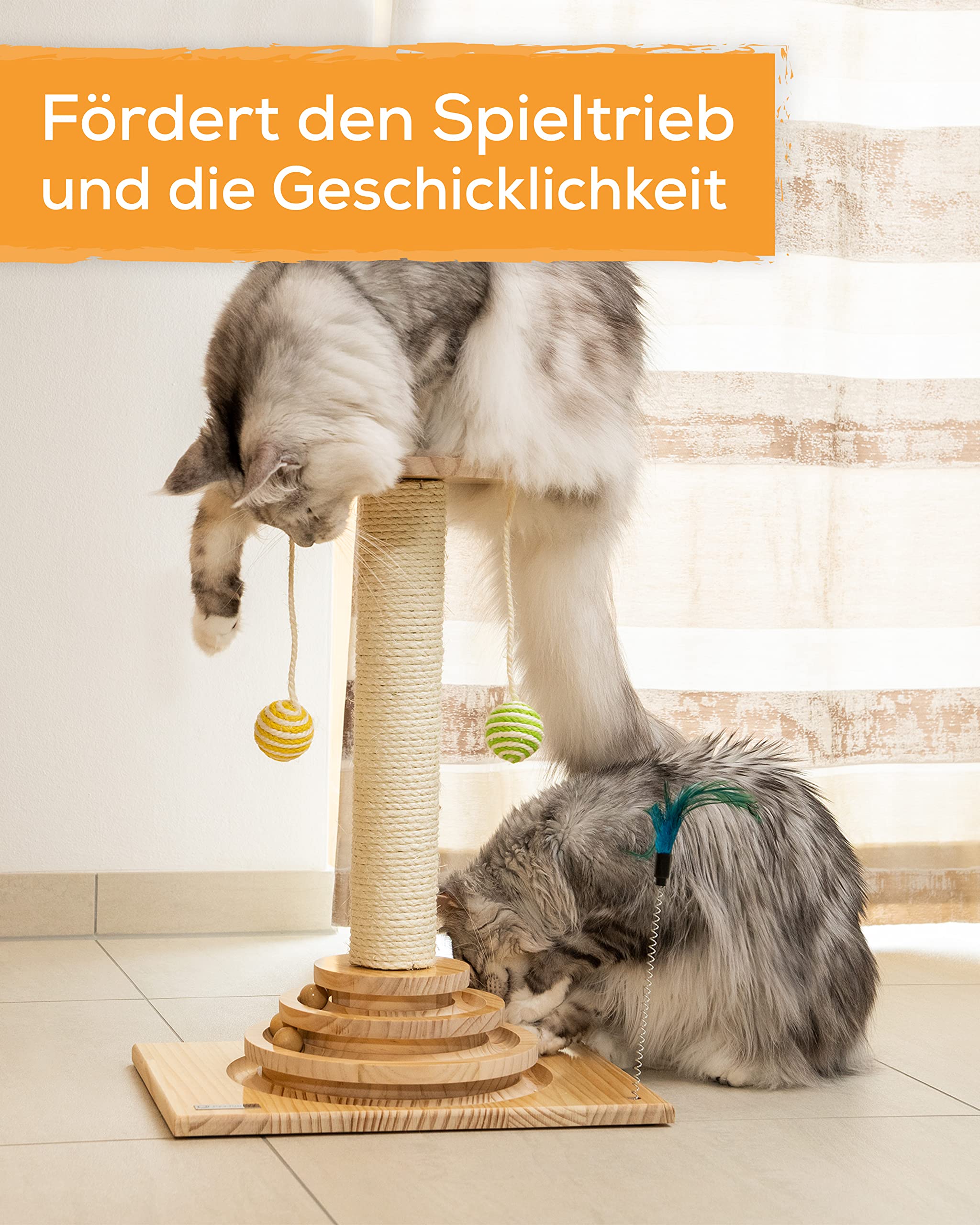 Kratzstamm für Katzen - Interaktives Katzenspielzeug mit 40cm-hoher Kratzsäule, Feder & Rasselbällen - Kratzbaum klein - Katzen Kratzmöbel