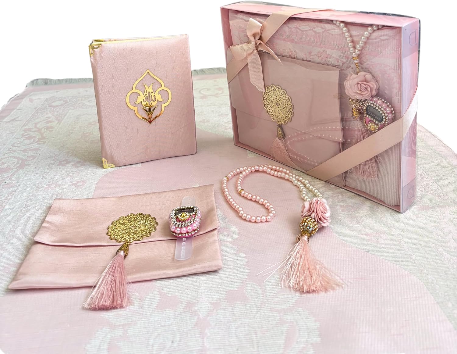 Prayer Mat Set for Women, Muslim Prayer Rug, Prayer Mat, Islamic Finger Counter, Prayer Beads, Surah Book with Bag, Islamic Gift Set for Ramadan & Eid (Pink)