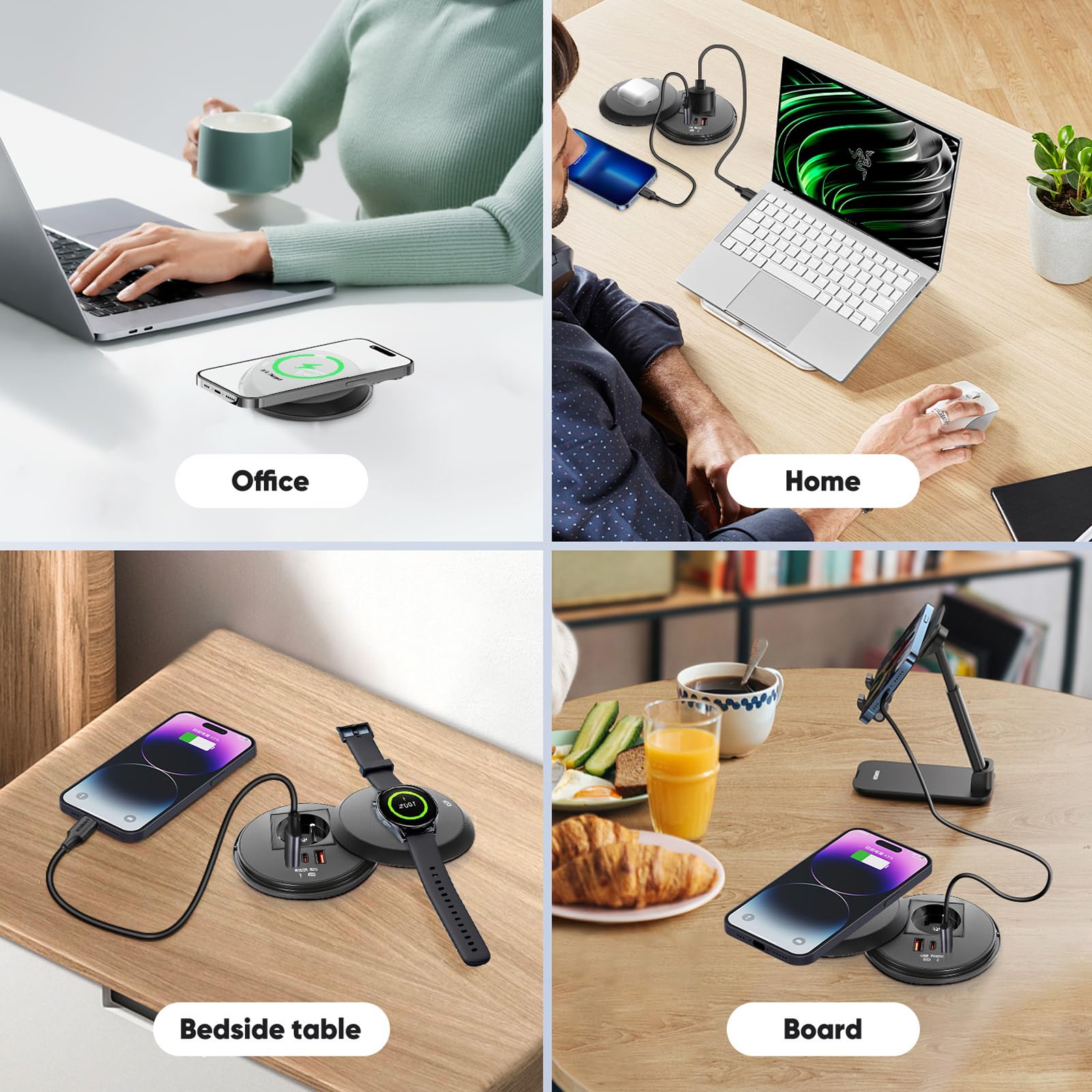 Prise de table escamotable ronde 80 mm avec couvercle, prise de type E (FR), USB-C PD 20 W et USB-A, charge sans fil 15 W, prise encastrée, noire, pour bureau et meubles, câble de 1,5 m
