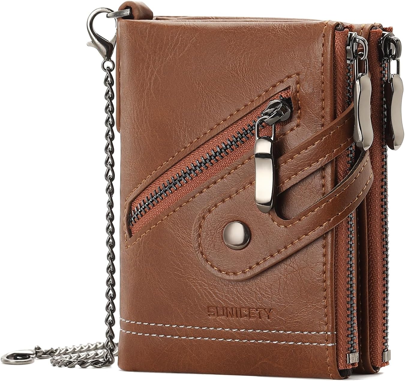 Wallet for Men Large Capacity RFID Blocking Leather Bifold Wallet with Double Zipper Pockets and Front Zipper Pocket