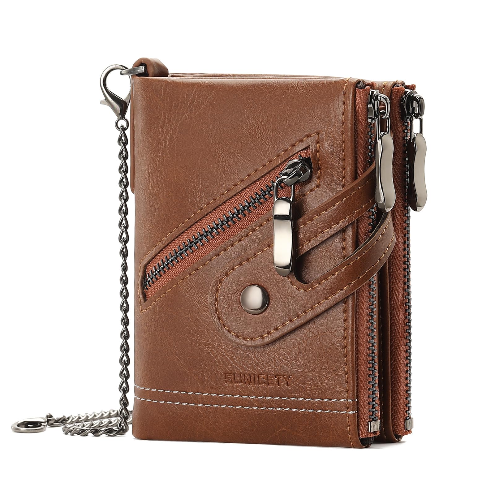 LOUEBICA Wallet for Men Large Capacity RFID Blocking Leather Bifold Wallet with Double Zipper Pockets and Front Zipper Pocket