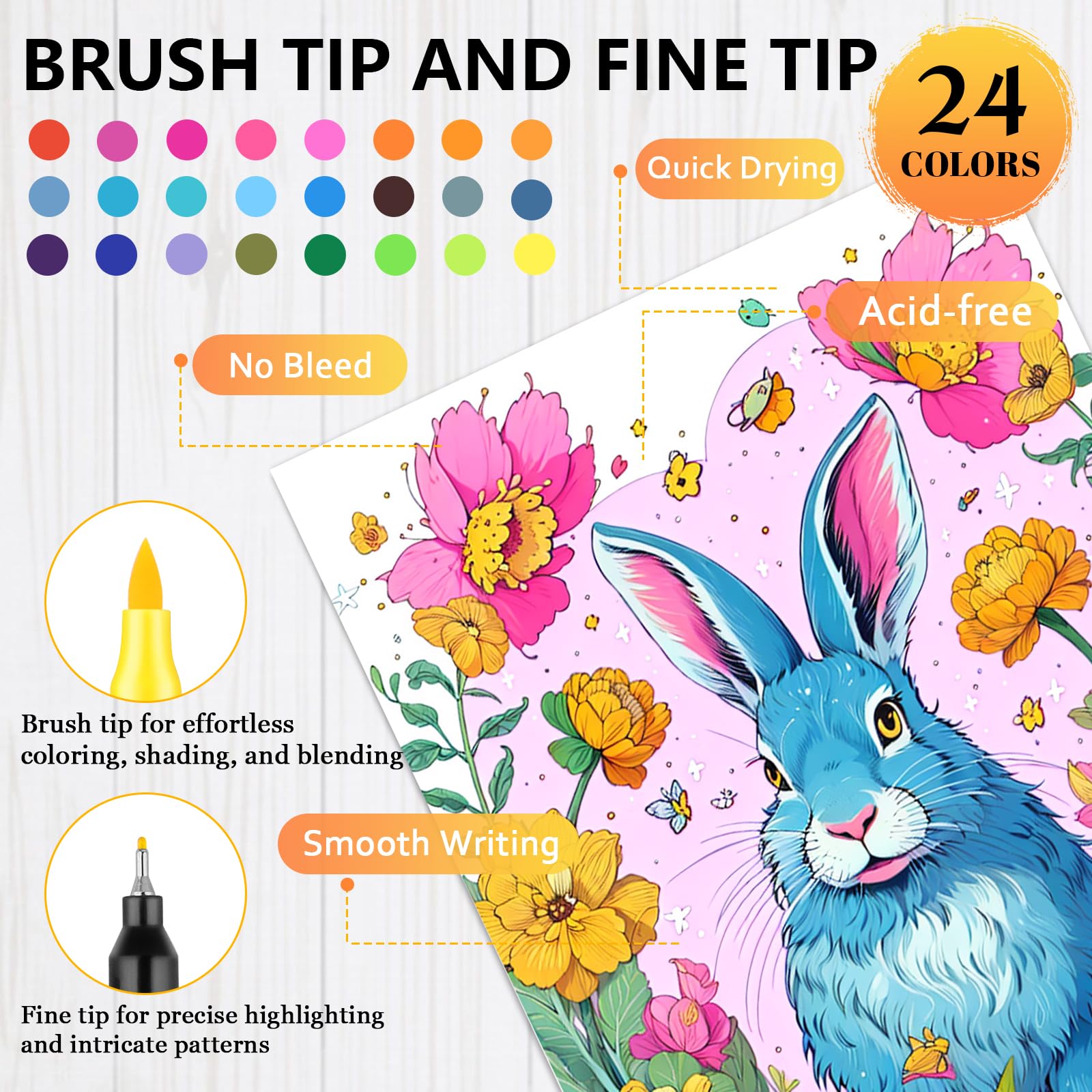 apolyone Livre de coloriage pour adultes, lot de 4 livres de coloriage avec 24 stylos pinceaux à double pointe pour soulager le stress et l'anxiété, 128 images, animaux, fleurs, style jardin, cadeau