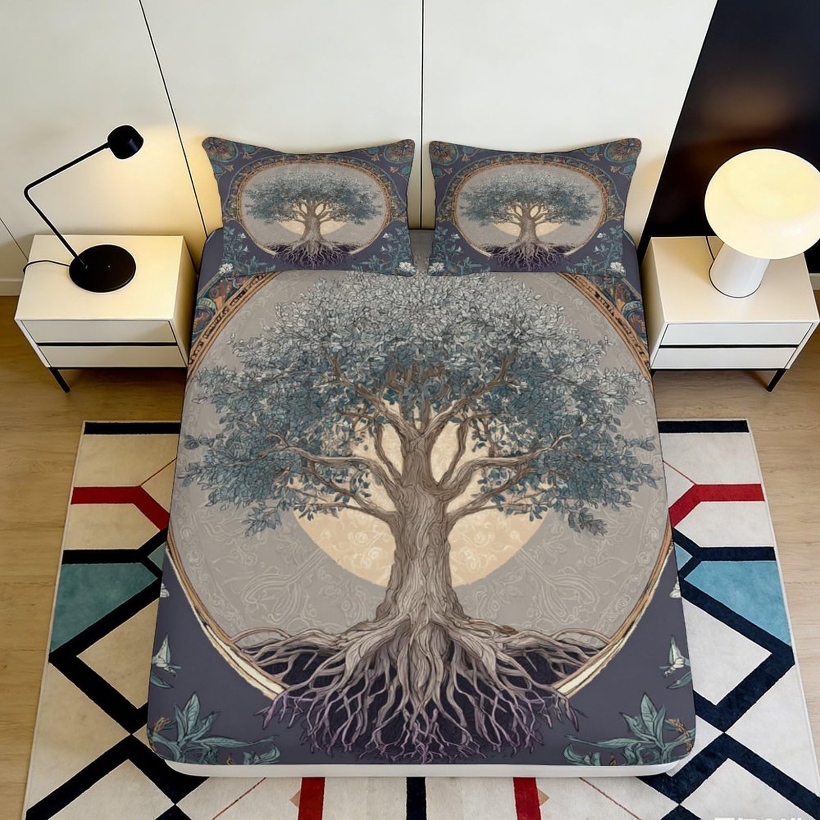 3D Printed Tree of Life Fitted Sheet Microfiber Anti-Slip Moon Roots Bed Cover for Bedroom Dorm Easy Clean Decorative 90x200x25cm