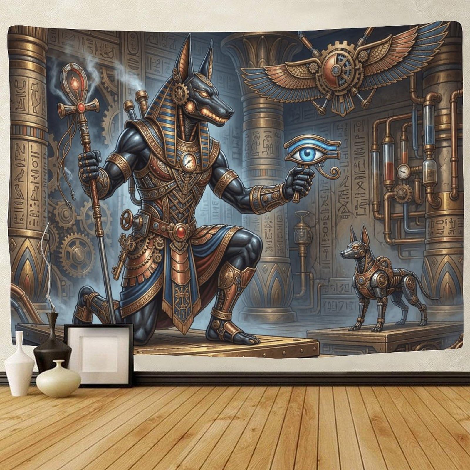 GPMNBCXZK Egyptian Anubis 3D Printed Wall Art Tapestry Steampunk Home Bedroom Living Room Decor 100cmx150cm