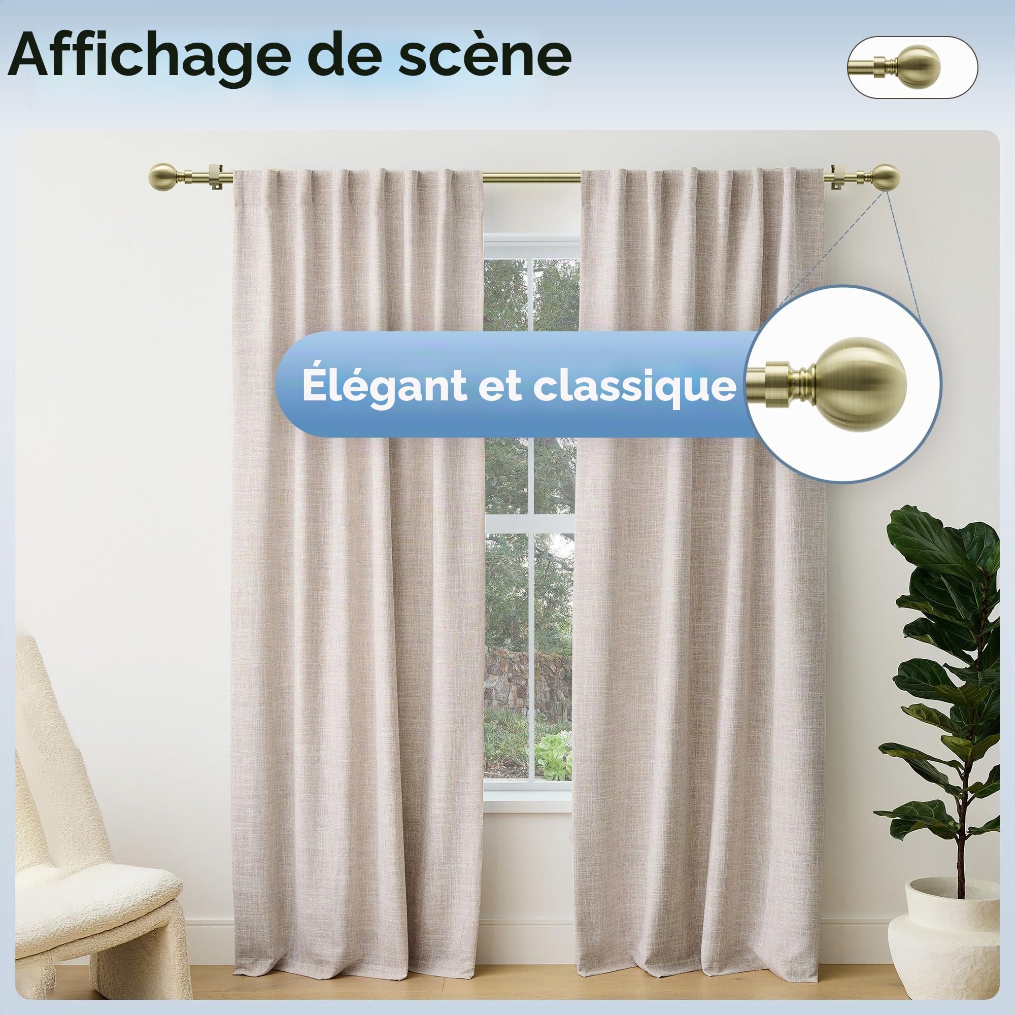 Tringle à rideaux extensible de 76 à 208 cm, diamètre 25 mm, tringle à rideaux réglable avec embouts en métal de 60 mm pour rideaux à œillets, tringles à rideaux robustes pour chambre à coucher,