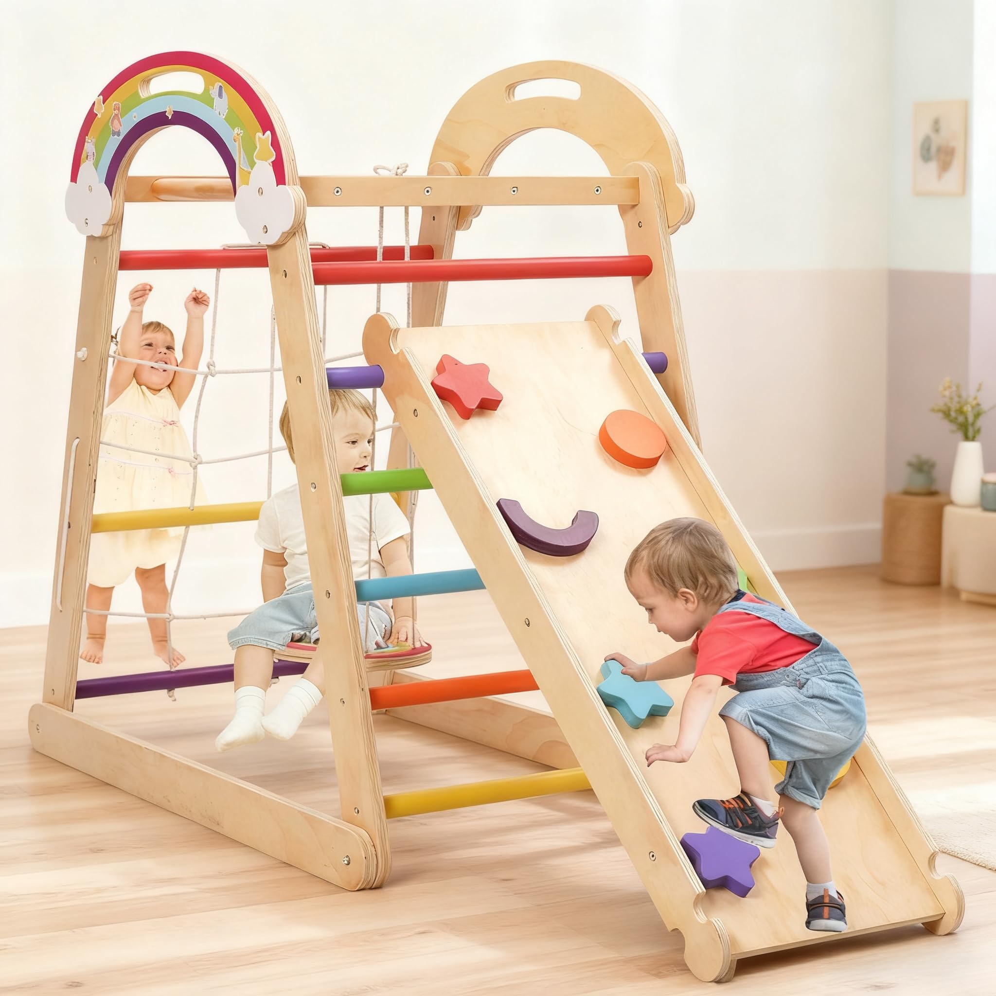 Yosamy 5-in-1 Montessori Climbing Frame 3-6 Years - EN71 Certified, Removable Adjustable Slide Swing Monkey Bars Indoor Outdoor