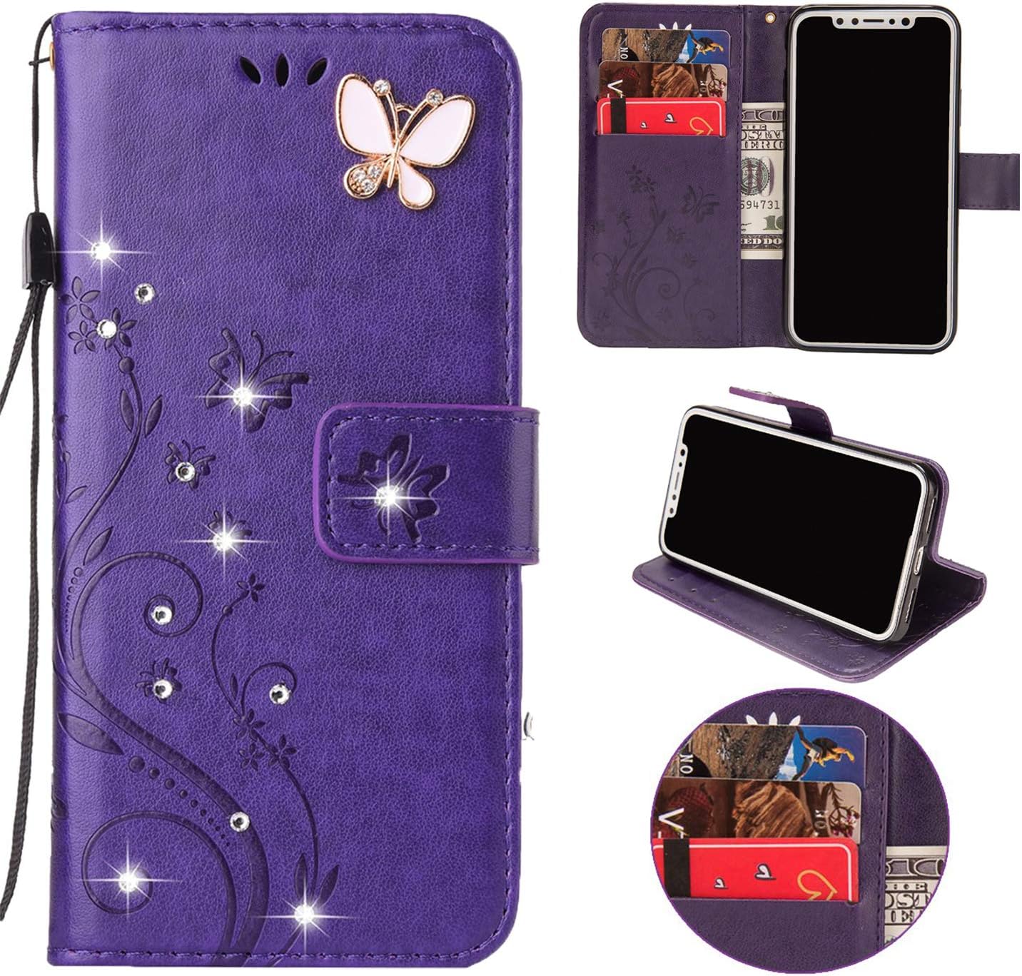 Compatible with iPhone 11 Case, Handmade Luxury Rhinestone Crystal Flip Wallet Emboss Butterfly Flower PU Leather Magnetic Protective Kickstand Card Slots Cover for 6.1 Inch Purple