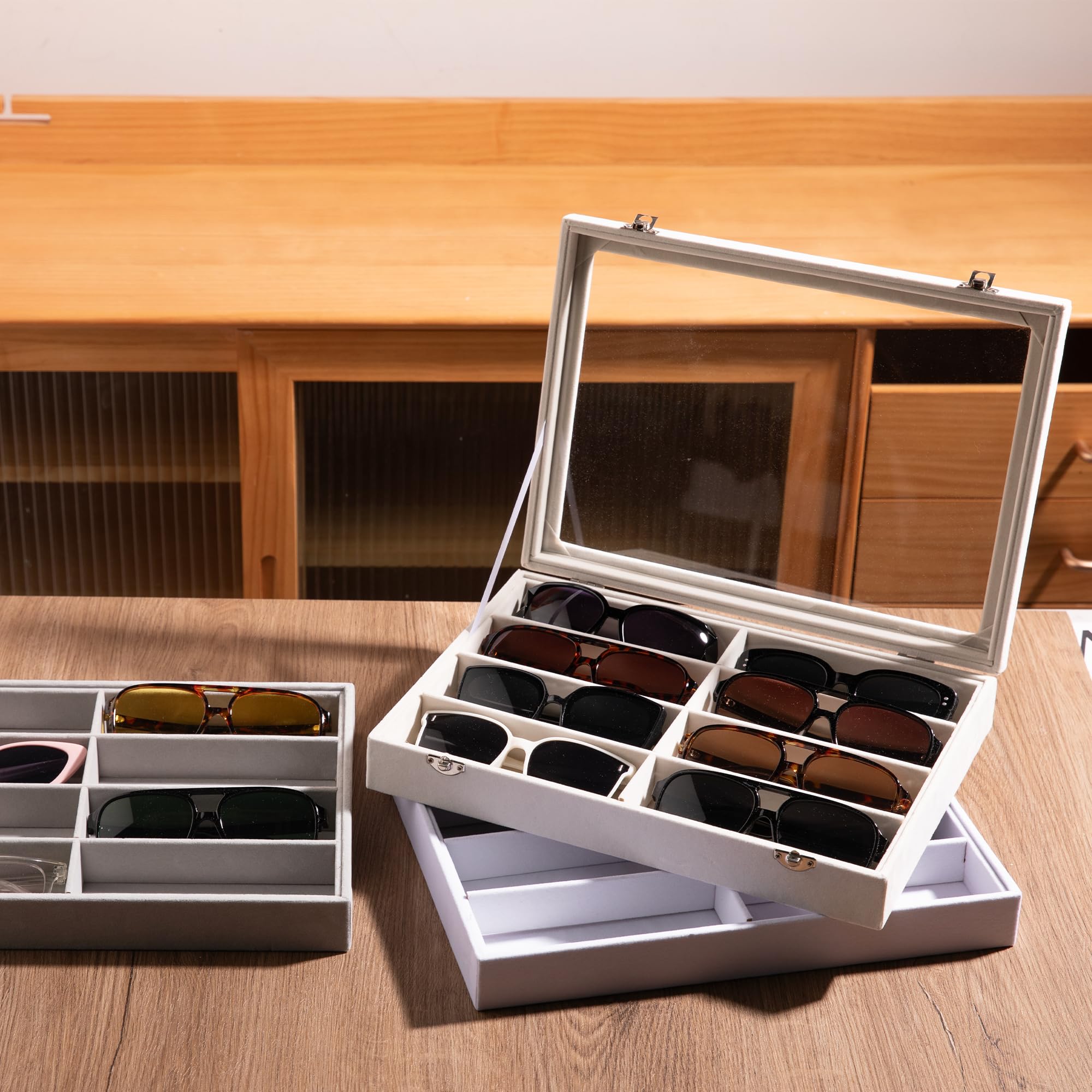 Frebeauty Aksamitny organizer, aksamitny organizer na okulary, taca na okulary przeciwsłoneczne z przezroczystą pokrywką, etui na okulary/okulary/taca ekspozycyjna na zegarek