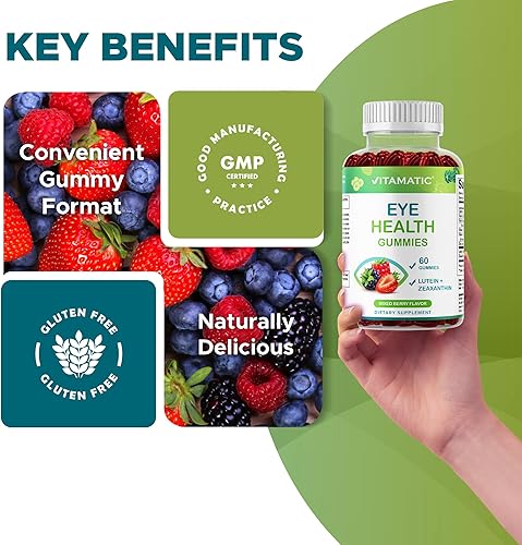 Miniatura 5 de Vitamatic Gomitas de salud ocular con luteína, zeaxantina, vitamina C, E y zinc, sabor mixto de bayas, 60 gomitas sin OMG, sin gluten