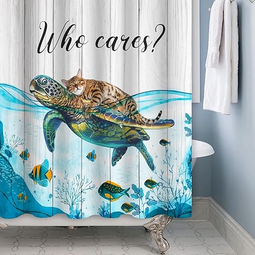 Miniatura 7 de Divertida cortina de ducha con diseño de gato para niños lindo gato sentado con tortuga cortina de ducha de madera juego de cortina de ducha de tela