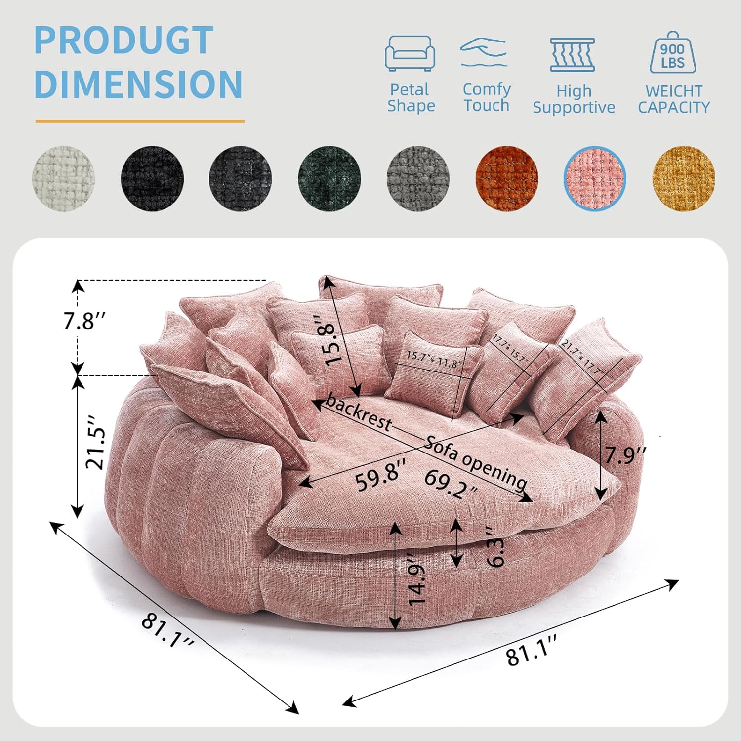 81" Oversized Round Sofa Bed, Large Chenille Bean Bag Chair, No Assembly Required Cloud Couch, Fluffy Plush Chaise Lounge Chair Indoor, Modern Sleeper Sofa with Deep Seat for Living Room (Pink)