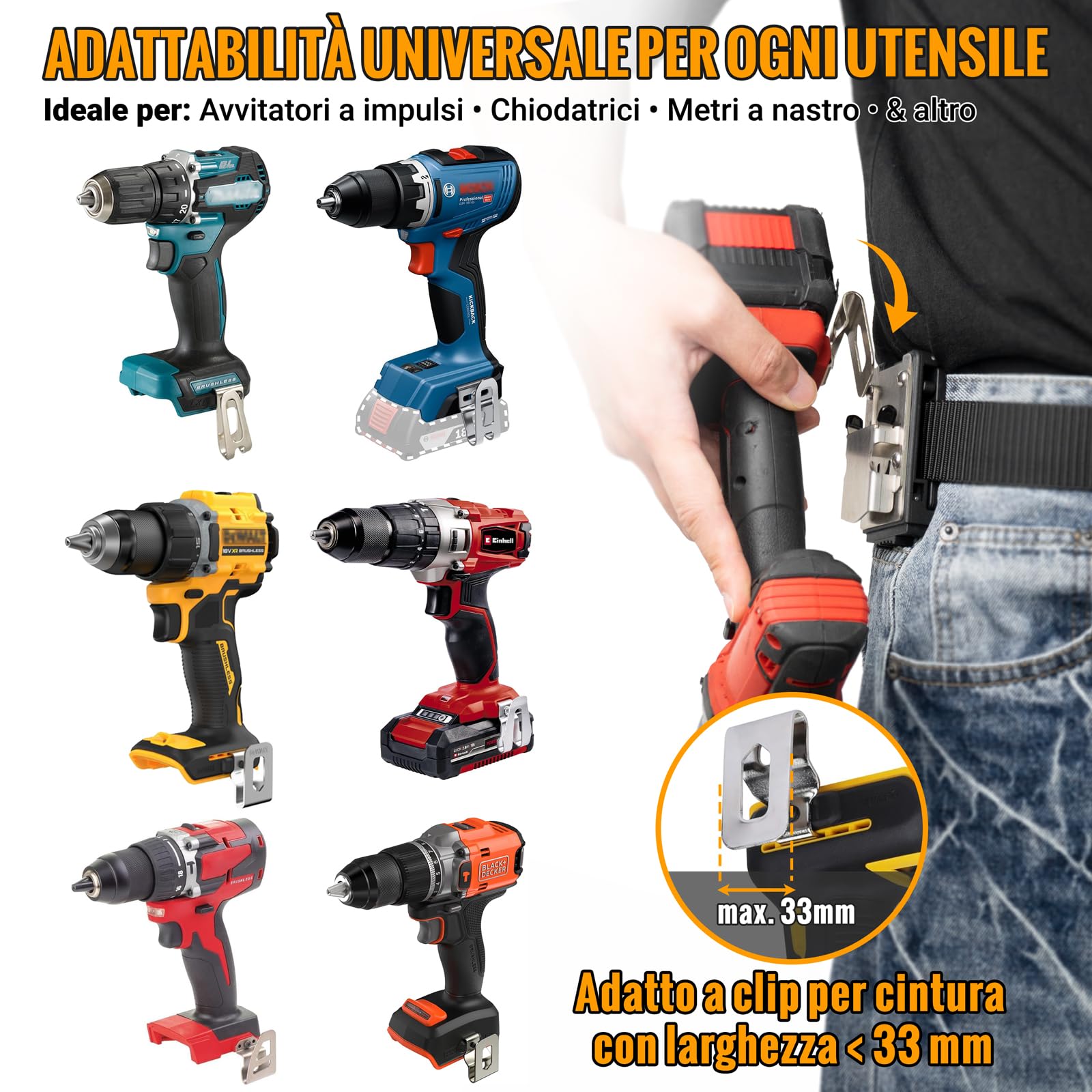 Porta Attrezzi da Cintura - Supporto Clip-on in Acciaio Inossidabile 304, Cintura Porta per Utensili per Ganci, per Trapani Senza Fili, Avvitatori ad Impulsi, Chiodatrici, Metri a Nastro