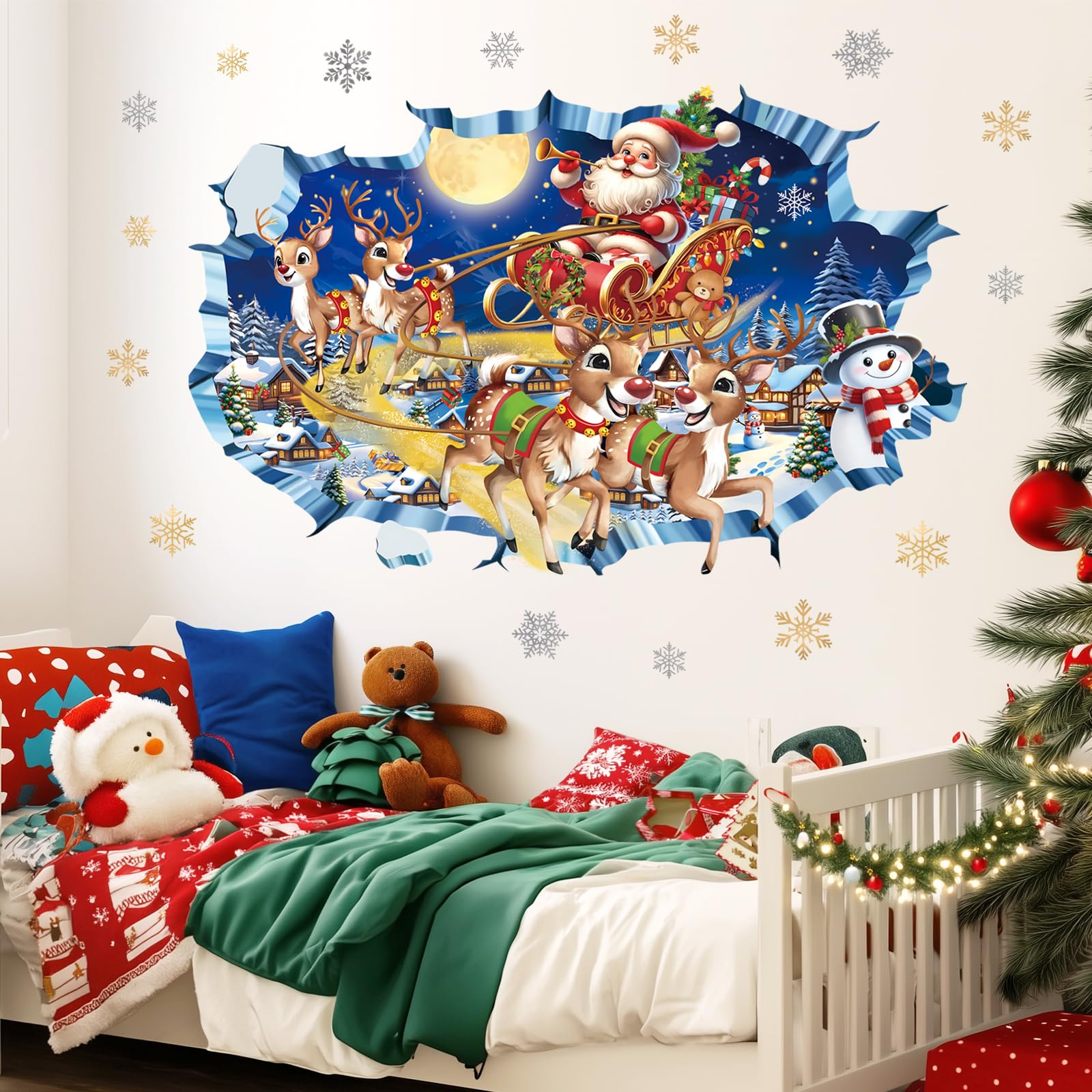 2x Weihnachts Wandaufkleber, Wall-Breaking Santa Schneemanner Rentier