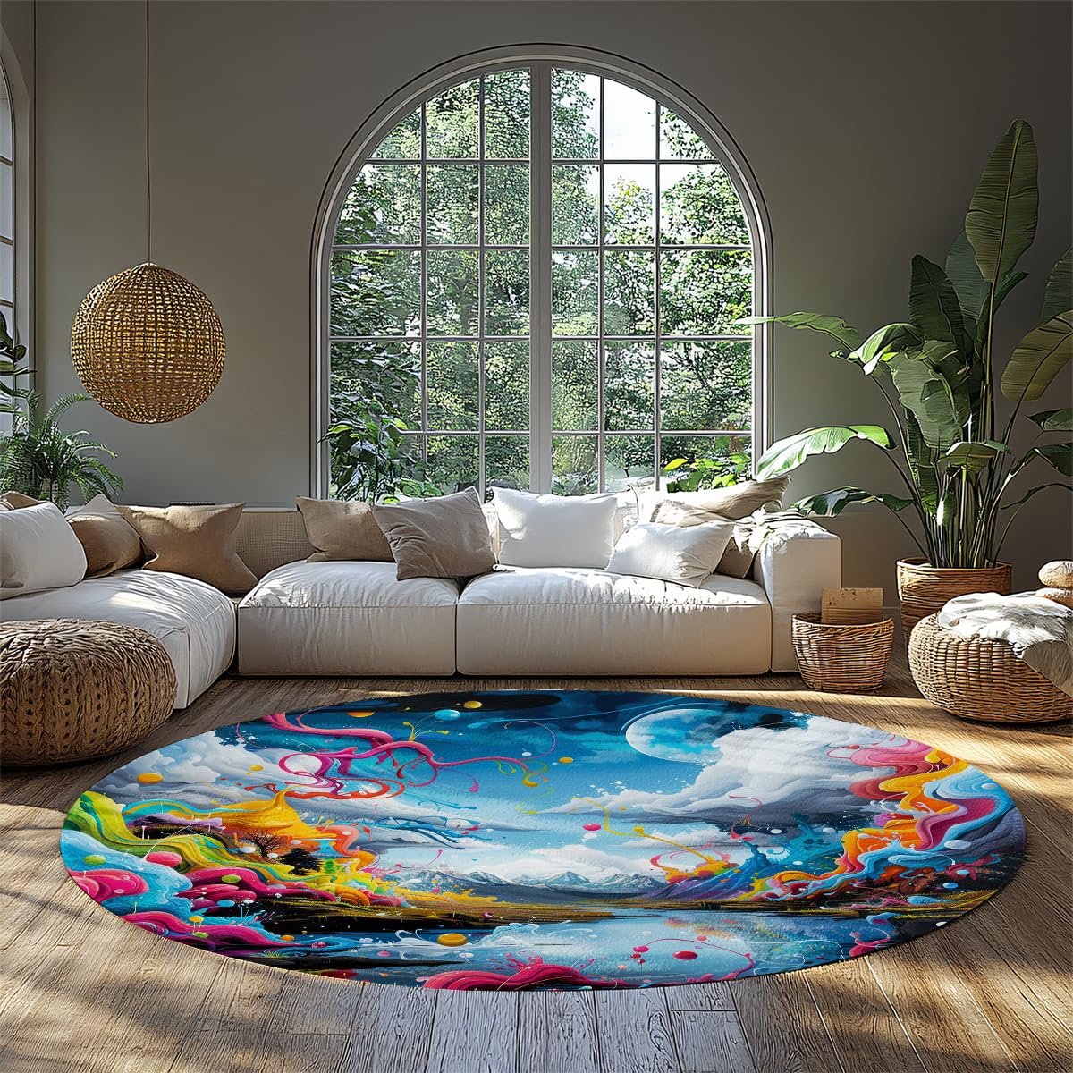Tapis de cuisine décorative rond à poils courts 180cm tapis abstrait coloré moderne