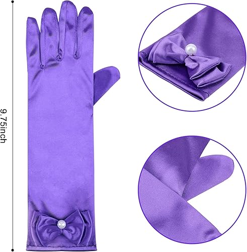 Miniatura 2 de HIFOT Guantes de vestir para niña, 6 pares, guantes largos de satén sedoso con lazo para niños, fiesta de princesa, boda, concurso formal, edades de