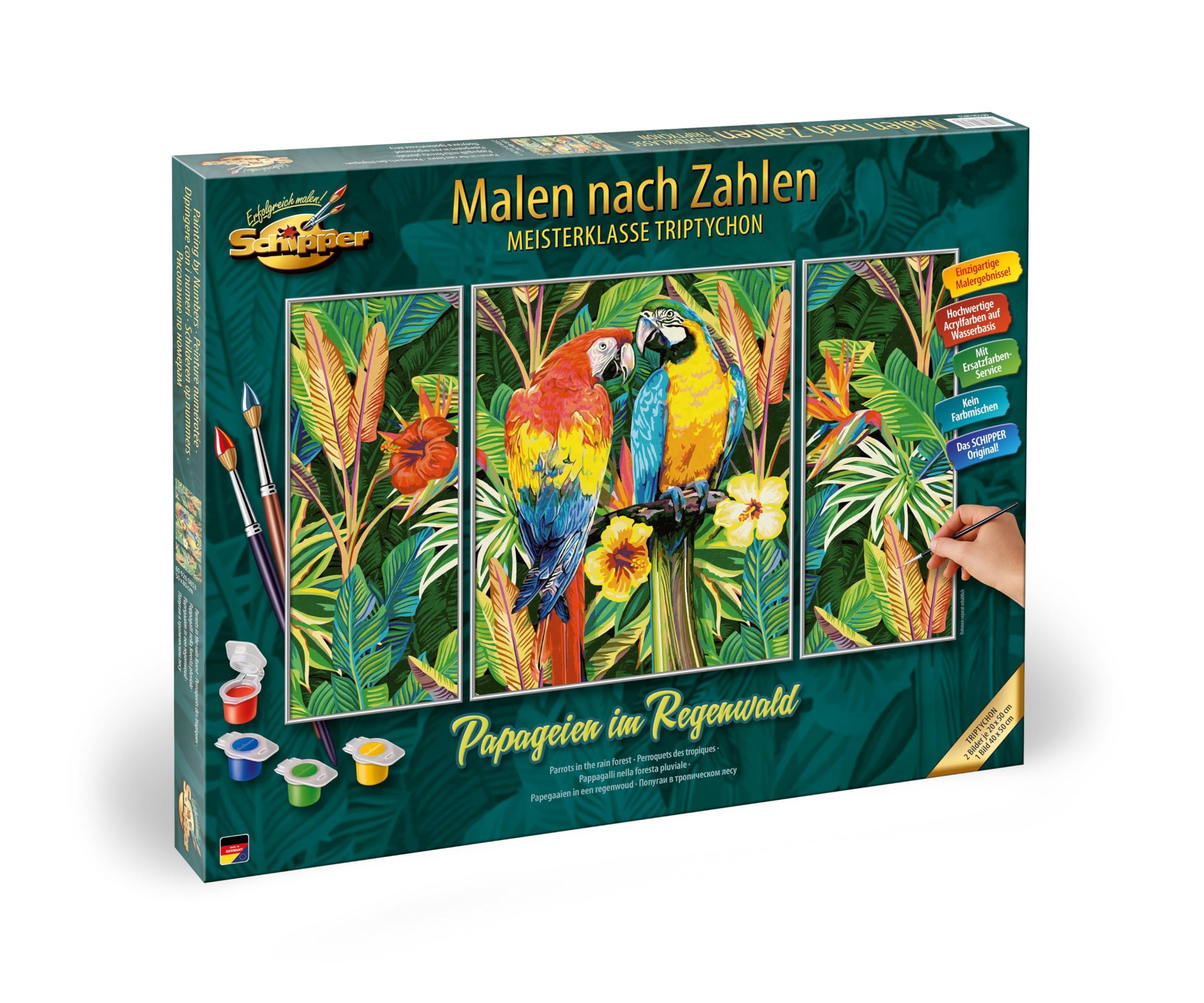 Schipper 609260853 - Dipingere con i Numeri, pappagalli nella Foresta pluviale, per Adulti, Inclusi pennelli e Colori acrilici, trittico, 50 x 80 cm