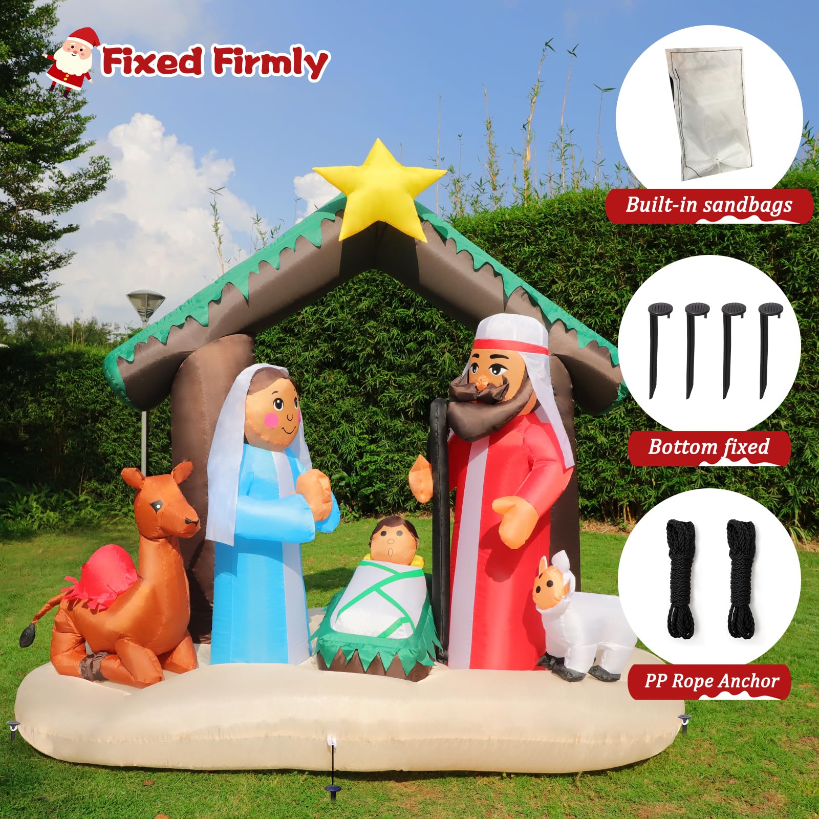 Decorazione natalizia gonfiabile alta 180 cm/6 piedi, presepe con tetto di paglia verde e 3 personaggi, luci LED integrate, decorazione natalizia religiosa per chiese/giardini, impermeabile IP44