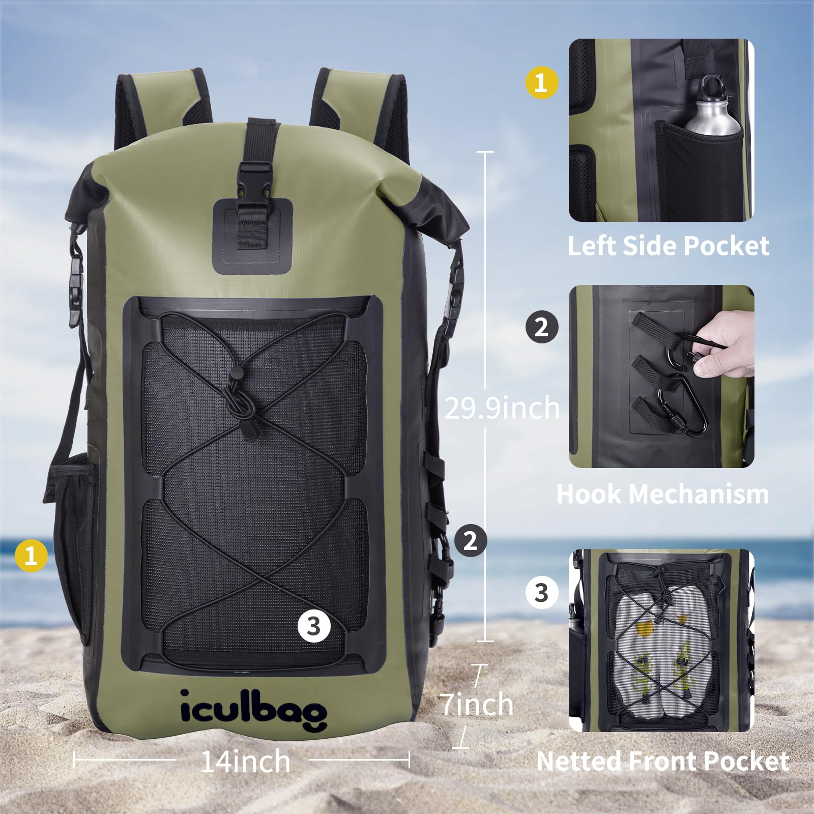 Iculabg Wodoodporne torby na podróż, kajakarstwo, żeglarstwo, plażę, kemping, duże suche torby, wodoodporny plecak dla kobiet, mężczyzn, zielony wojskowy, 30 l/40 l, Wojskowa zieleń, 40L, Sporty na