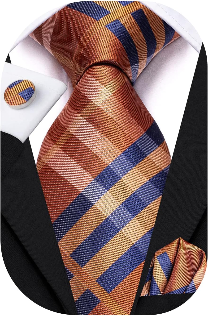 Hi-Tie Mens Plaid Ties Classic Paisley Necktie with Handkerchief Cufflinks Set Business Stripe Tie