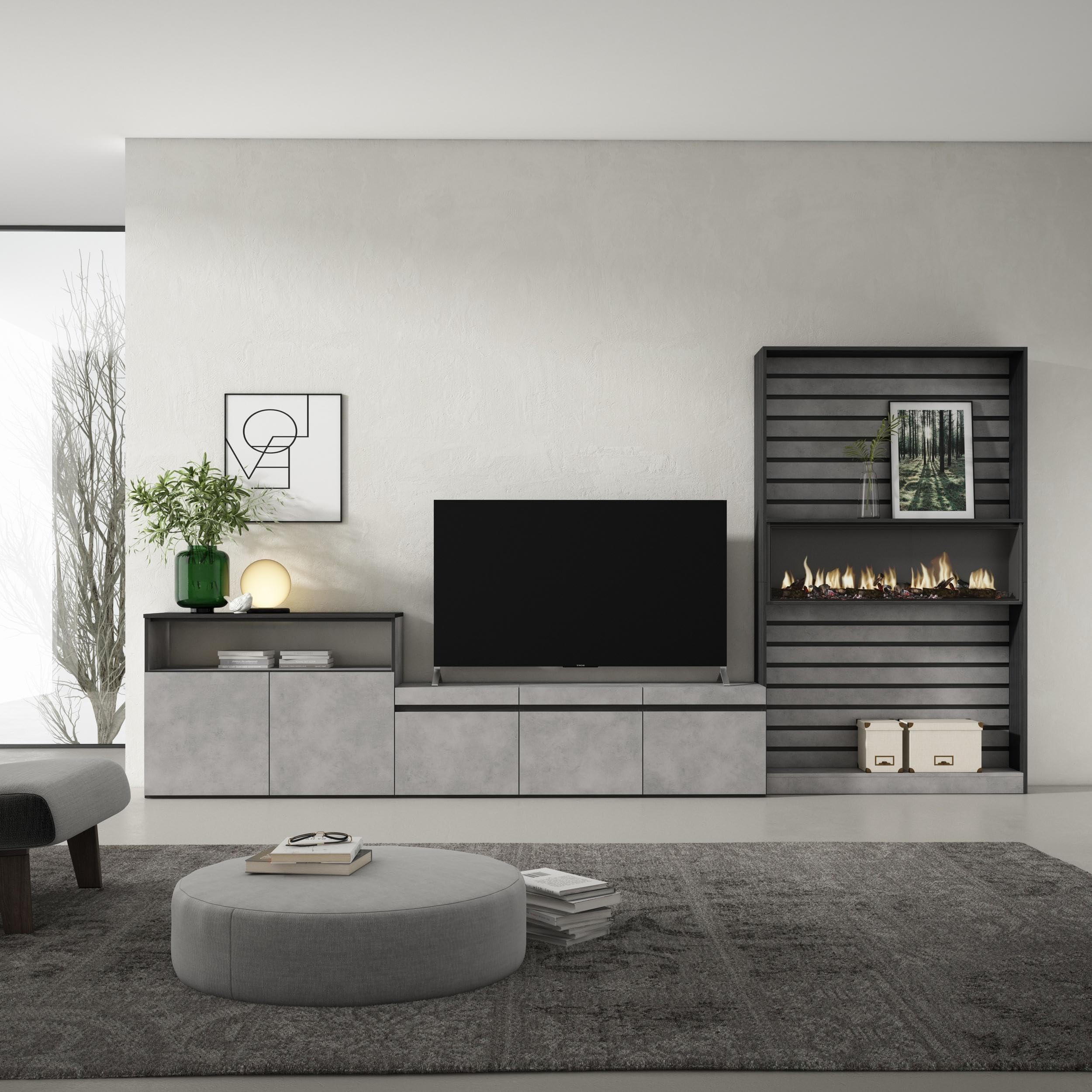 Skraut Home | Mobile Soggiorno TV | Parete Attrezzata Soggiorno | 360x186x35cm | Per TV fino a 65" | Camino elettrico | Stile moderno | Cemento