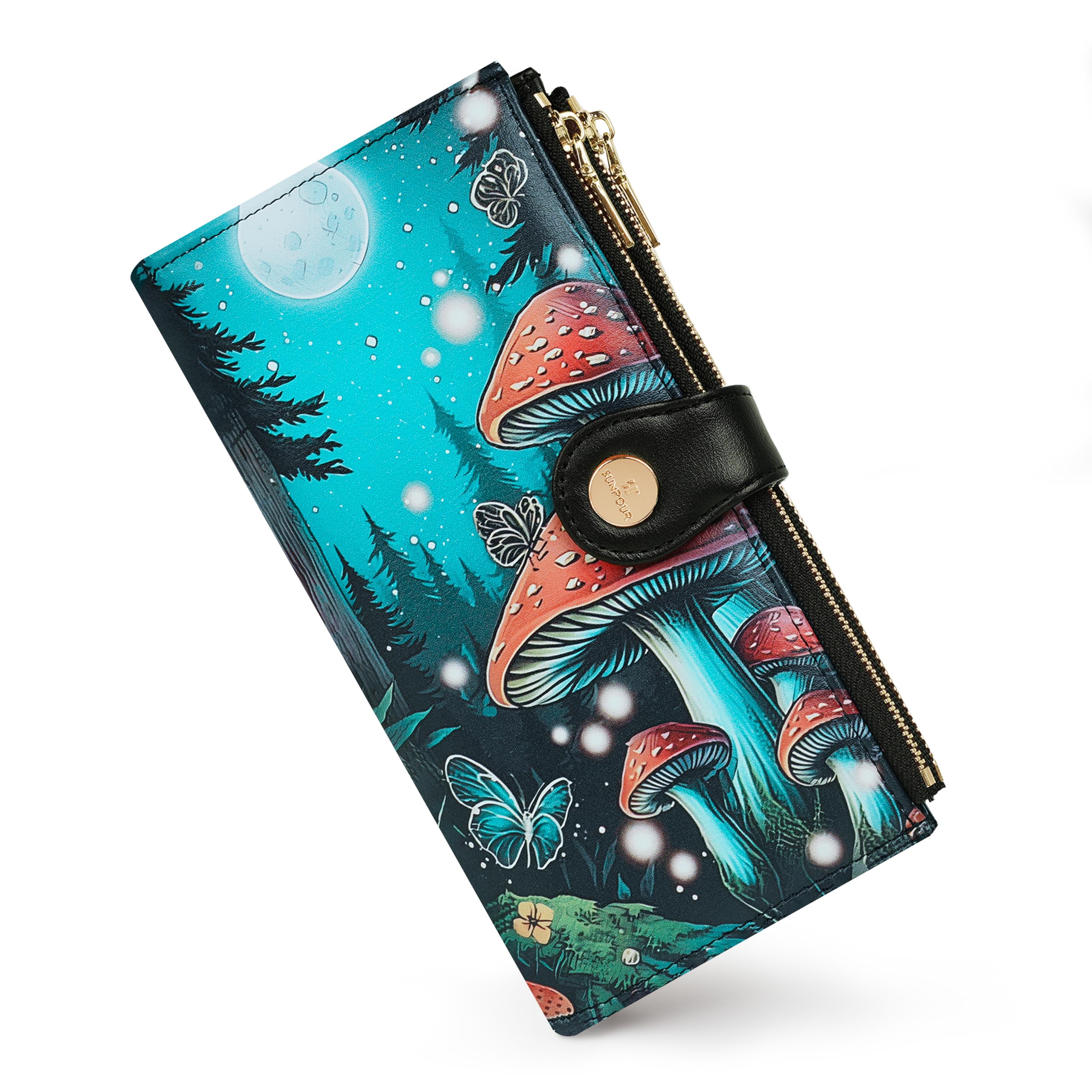 Sunpour Womens Leather Wallet RFID Blocking Slim Bifold Credit Card Holder Travel Wallet with Double Zipper Pocket