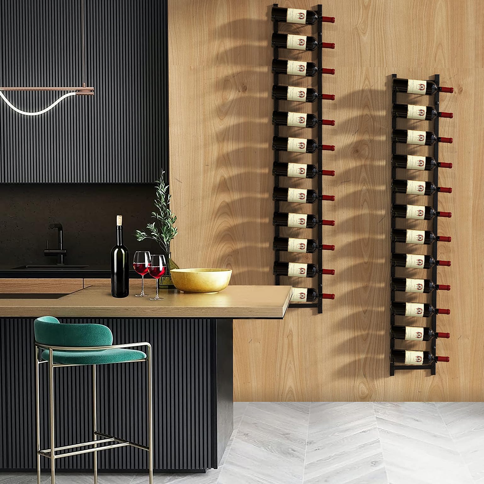 KOMFOTTEU Botellero Vino de Pared para 6/9/12 Botellas, Portabotella Metálica Vertical, Estante Colgante Decorativo para Vino, Organizador de Botellas para Cocina, Comedor, Bar (12 Botellas)