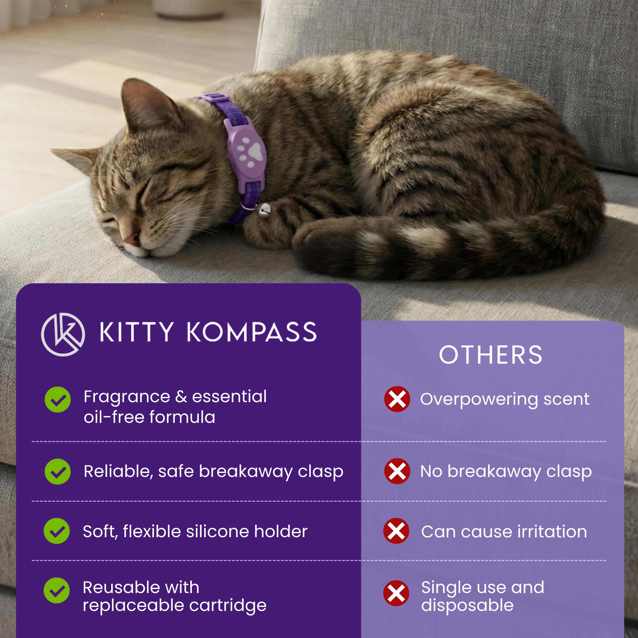 Collier apaisant pour chats sensibles - Formule sans huile essentielle non parfumée - Le système de phéromones le plus sûr et le plus confortable - Dure jusqu'à 60 jours Kitty Kompass