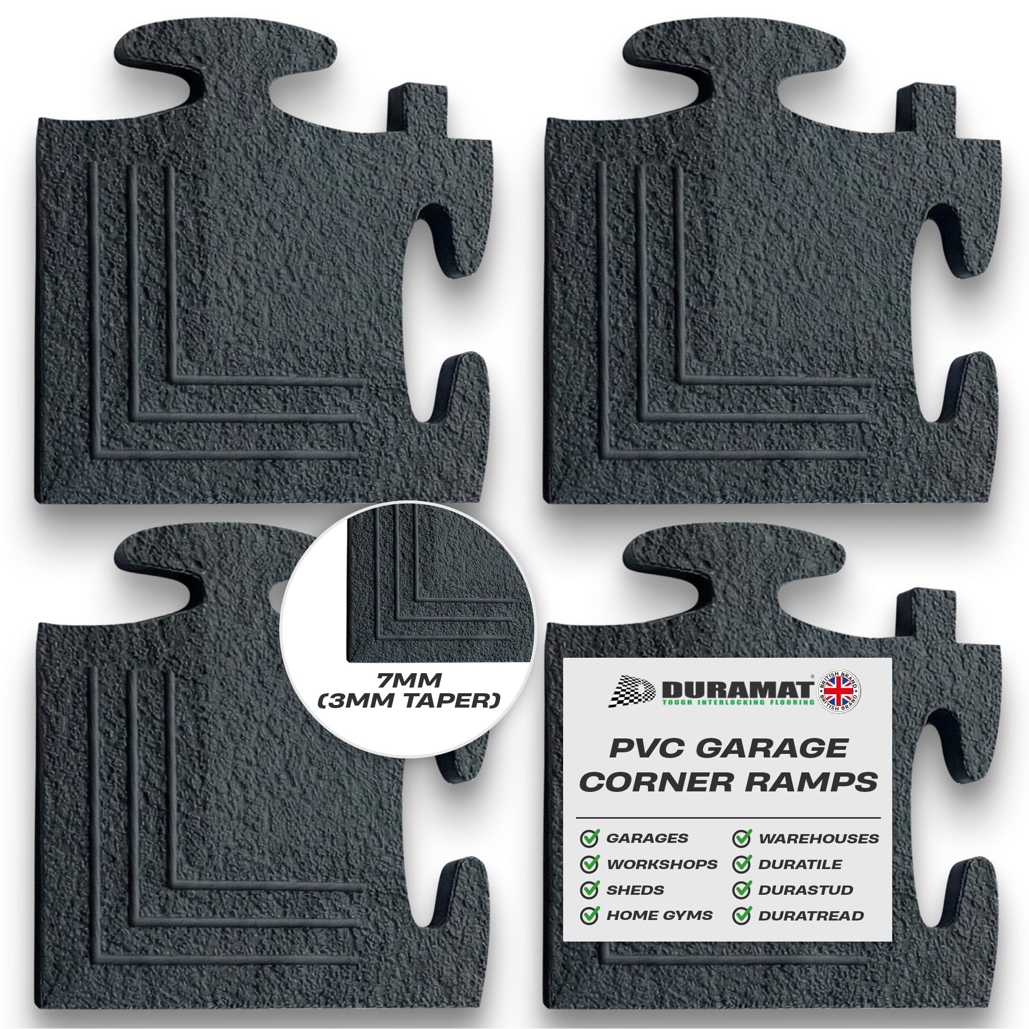 Corner Piece – Black Heavy Duty Interlocking Garage Flooring Tile | 500mm x 500mm x 7mm | PVC Floor Tile for Workshop, Home, Showroom & Automotive Use | 50cm Corner Piece - Black x4