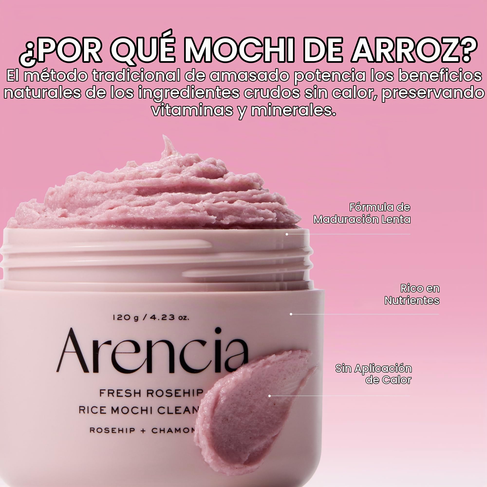Arencia Limpiador facial de arroz Mochi con rosa mosqueta, exfoliante diario, hidratante, limpieza profunda para todo tipo de pieles, con polvo de arroz y agua de arroz, 50 g