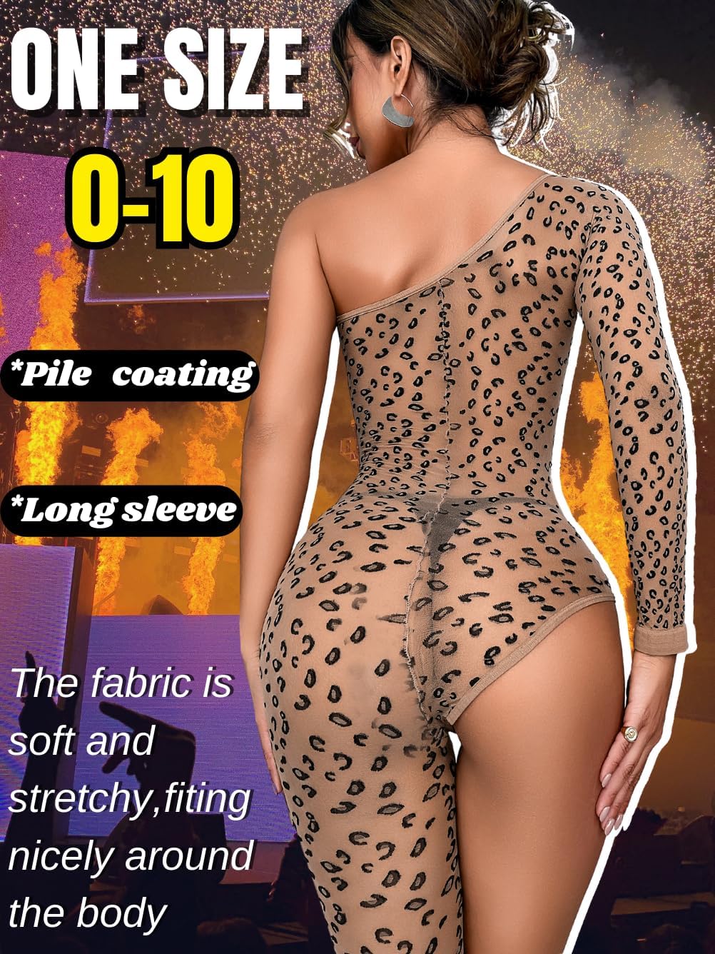 One Shoulder Mesh Jumpsuit, Sexy Fishnet Leopard Bodysuit Rave Party Club Music Festival, Exotic Wear Dancer Outfits - Image 3