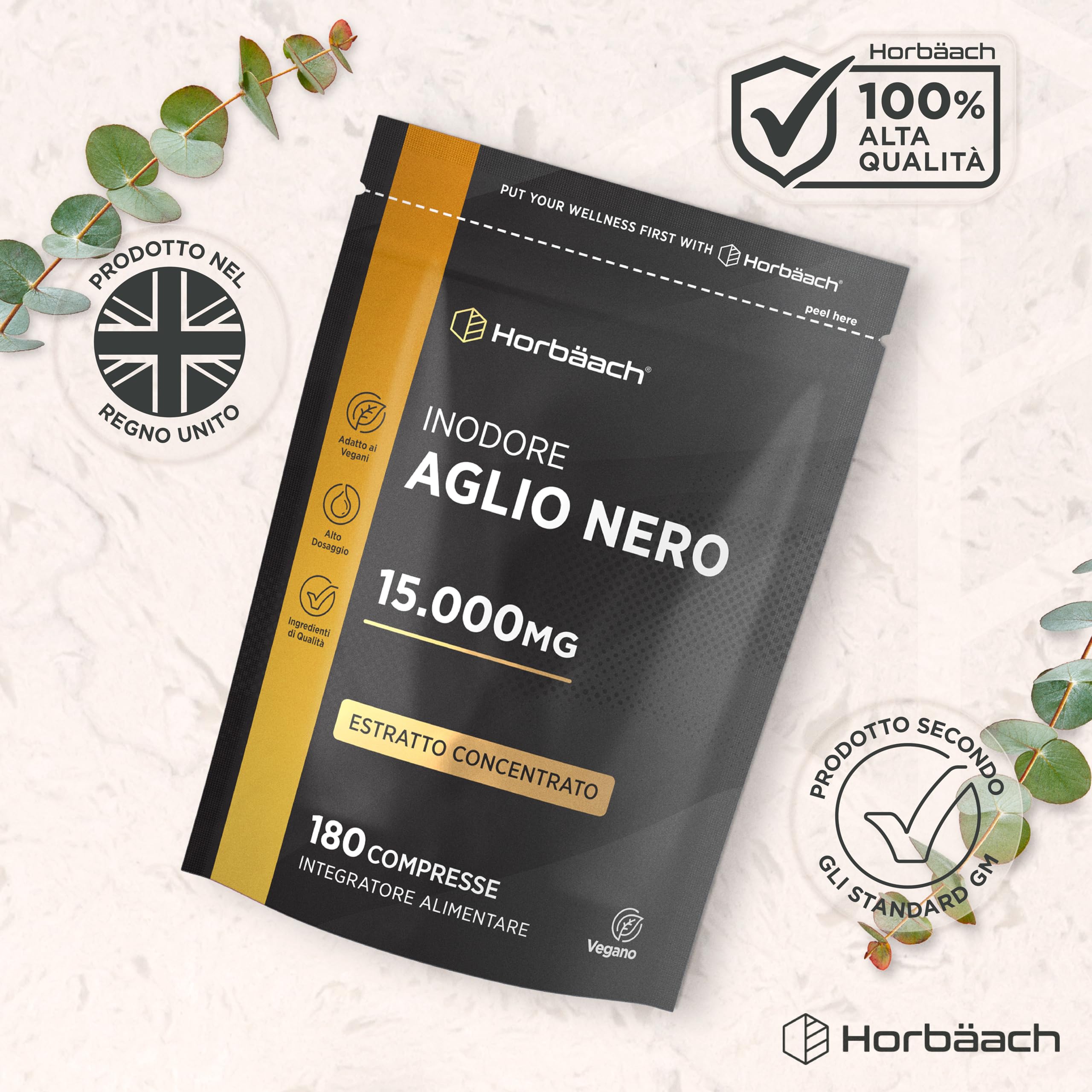 Aglio Nero Fermentato 15000mg | 180 Compresse Vegane | Integratore Inodore e Senza Gusto | Horbaach