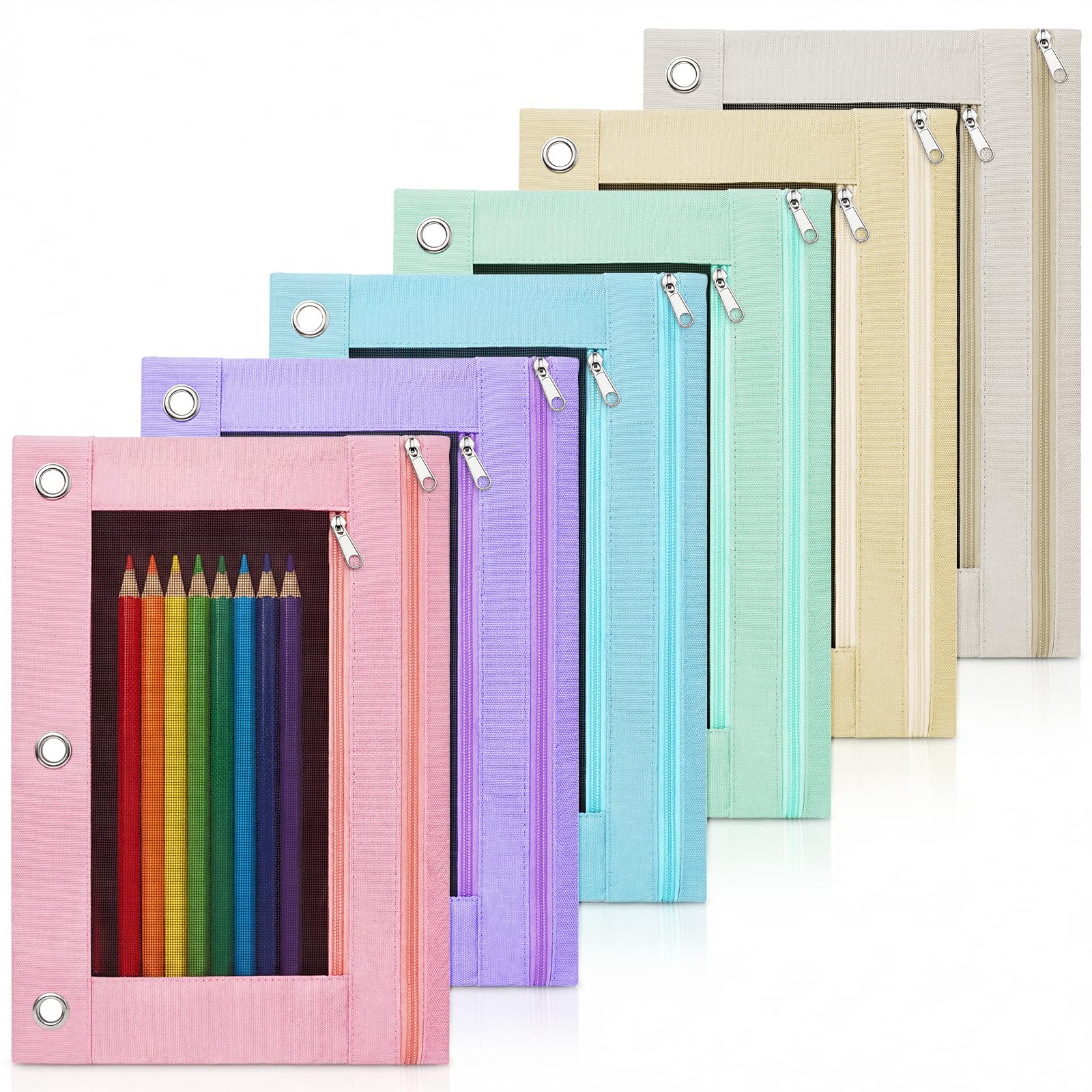 Lanpn 6 Pcs Pencil Pouch for 3 Ring Binder, 2 Pocket Zipper Binder Pouch, Pastel Binders Pencil Case, School Supplies for Boy Girl Student Office Home, Reinforced Grommets, Clear Window, Micro Mesh