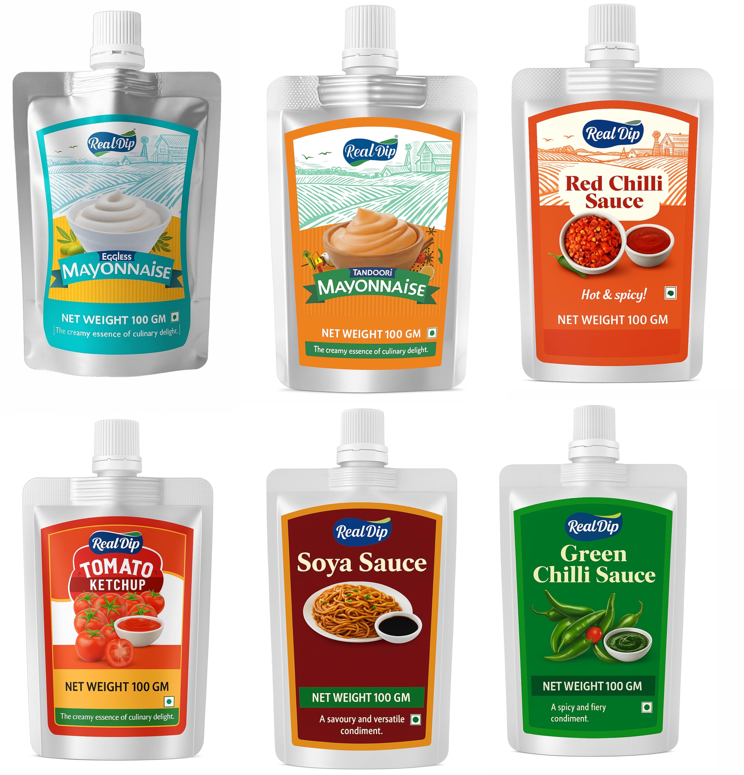 Real Dip Condiment Set, Eggless Mayonnaise, Tandoori Mayonnaise, Red Chilli Sauce, Tomato Ketchup, Soya Sauc, Green Chilli Saue, 100g Pouches, 6 Pack-image-30
