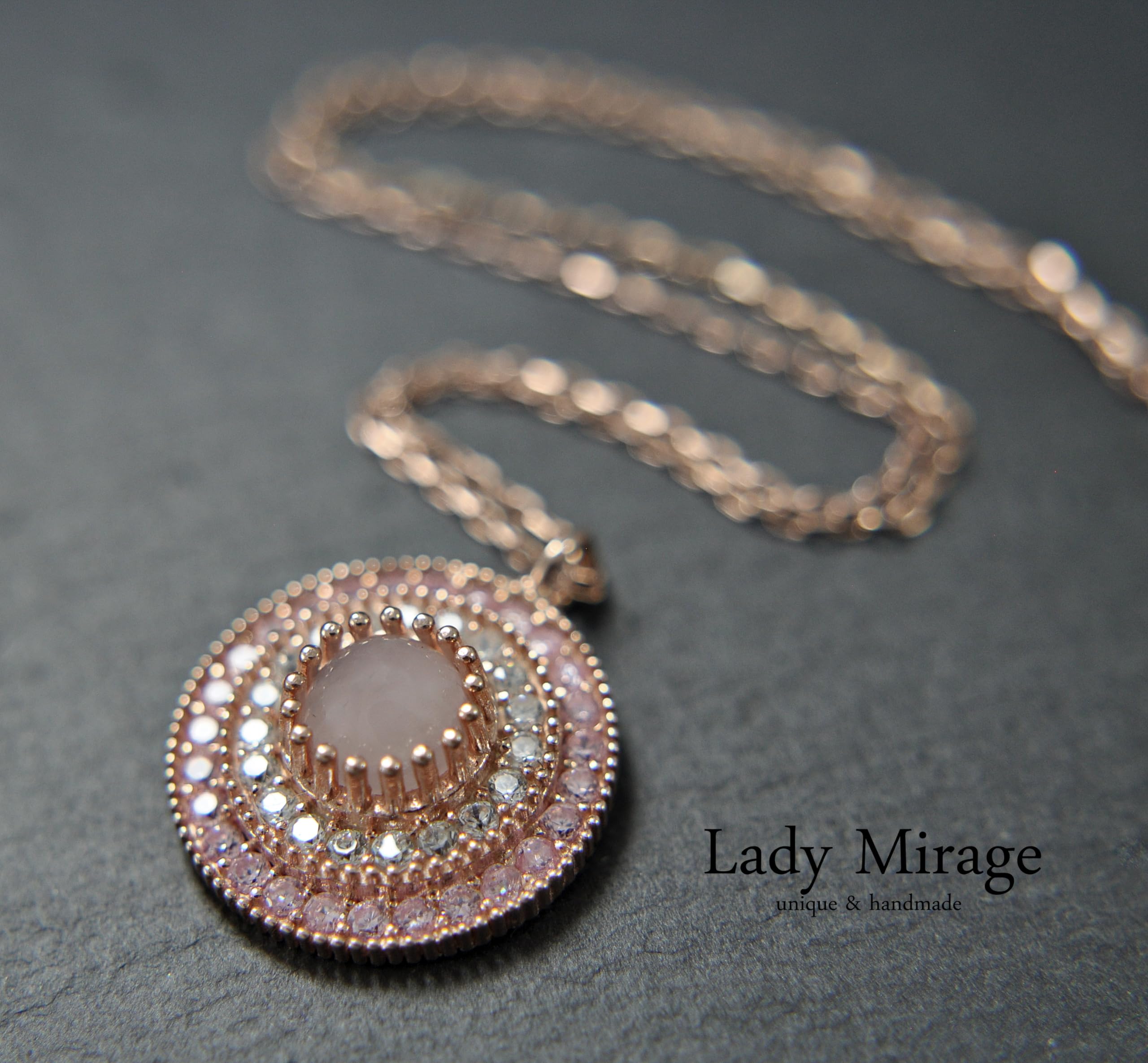 Sterling Silber Kette Damen - 925 - Edelstein Kette - Halsketten mit Anhängern - Rosenquarz Edelstein - Brautschmuck Rosegold - Tropfen - Zirkonia - Geschenk für Sie - Schmuck-Handmade Geschenk
