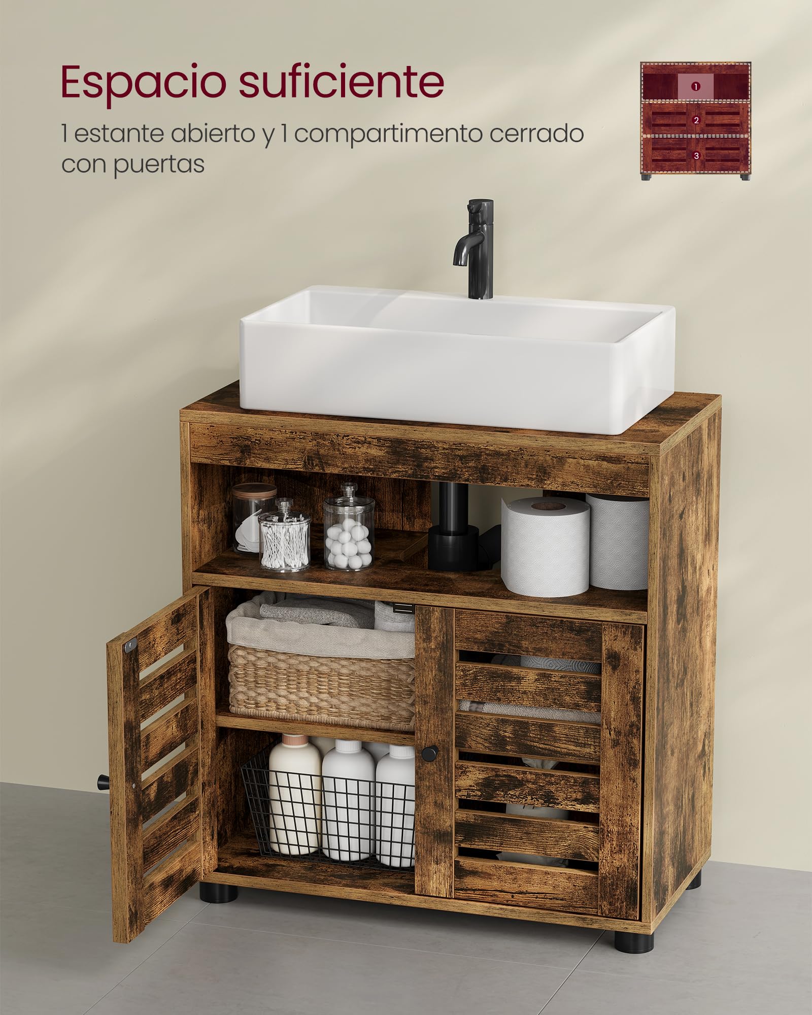 VASAGLE Mueble de Lavabo, Mueble de Baño, Armario de Almacenamiento, 30 x 60 x 64 cm, Apto para Lavabos sin Pedestal, con 2 Puertas de Persiana, Tablero Ajustable, Marrón Rústico BBK04BX