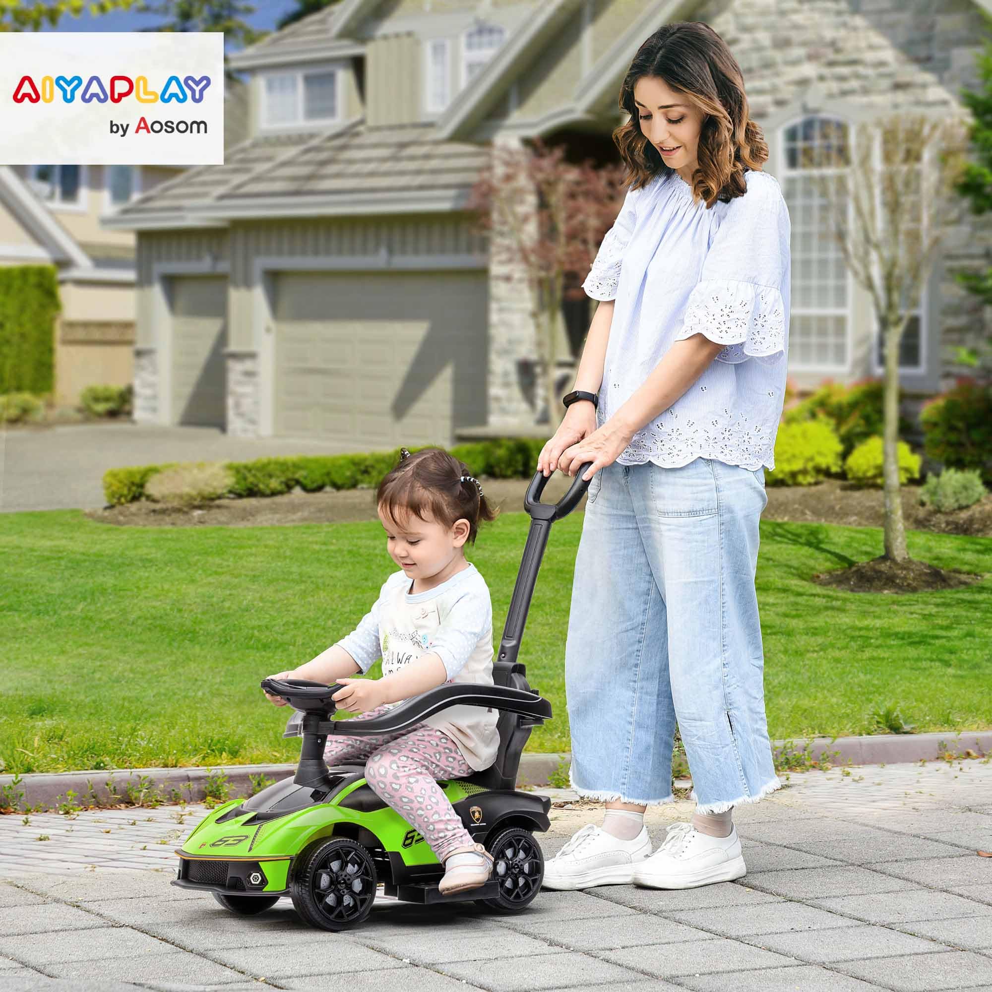 Aosom 2-in-1 Ride On Push Car for Toddlers 1-3, Licensed Lamborghini Stroller Sliding Car, Push-Along with Under Seat Storage Horn Engine Sound and Steering Wheel, Manual, Green