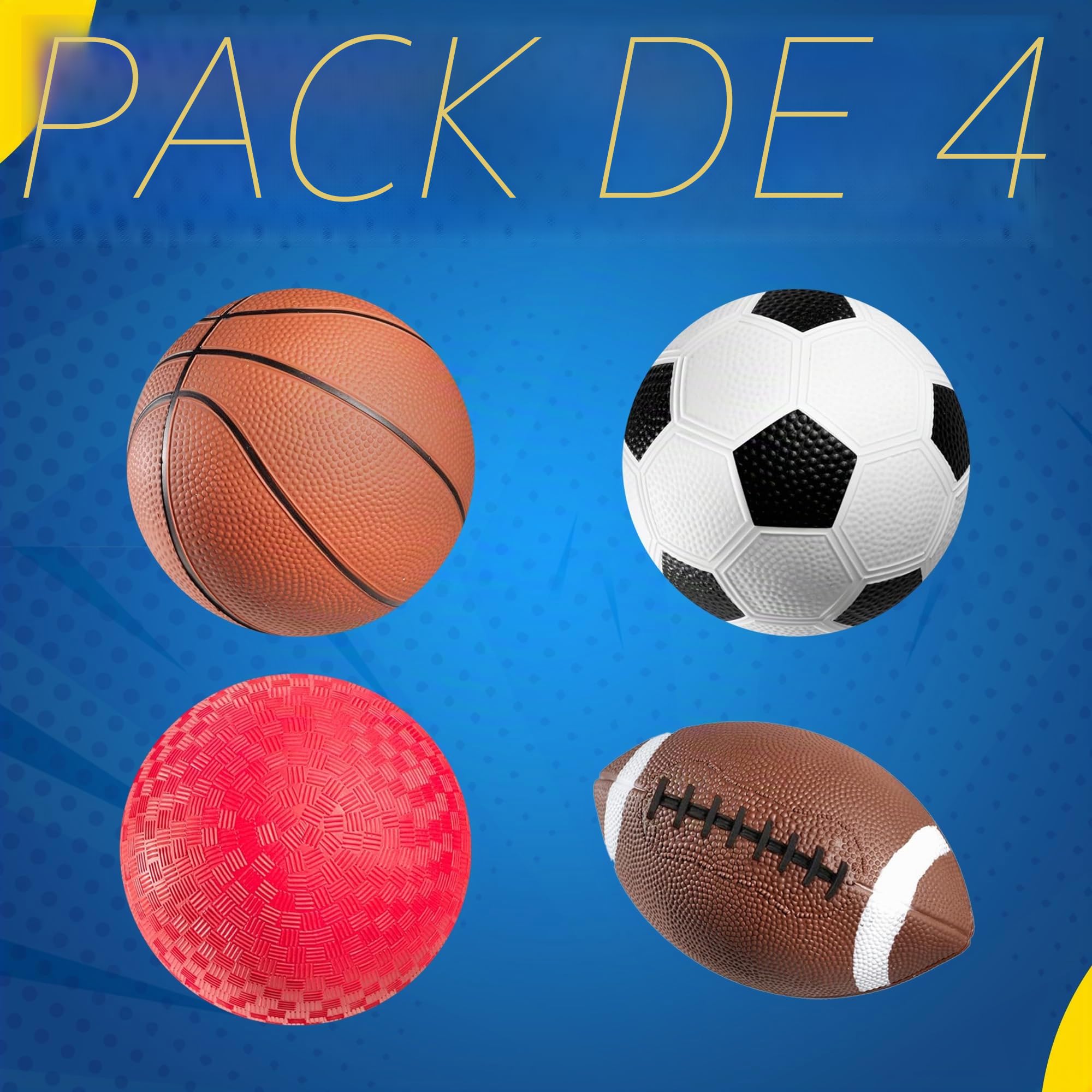 Bedwina Pelotas deportivas con bomba de mano para niños, (paquete de 4) Juego de pelotas deportivas de goma de 6 pulgadas de diámetro que incluye fútbol, pelota de fútbol, baloncesto y parque infantil