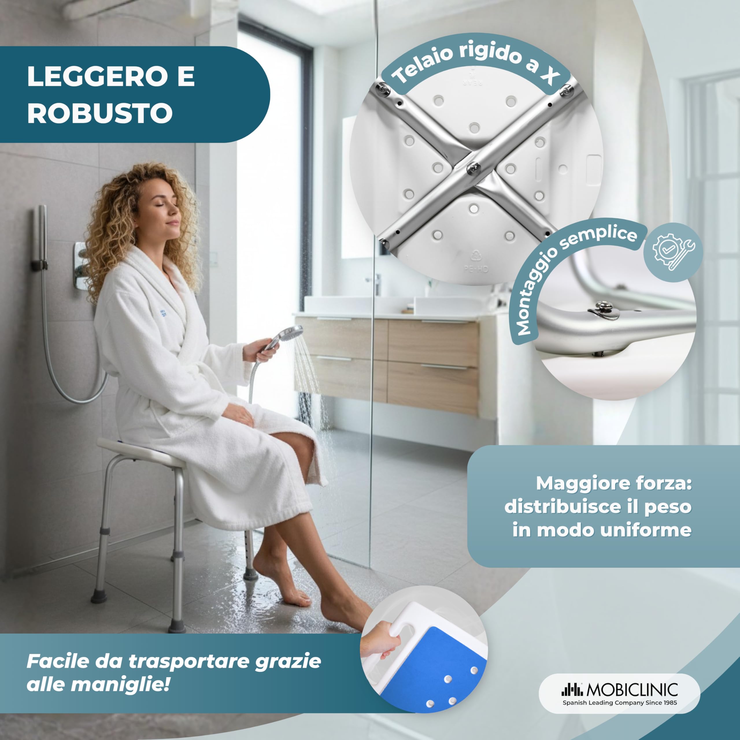 Mobiclinic®, Sgabello da Bagno, Altezza regolabile 42-57,5 cm, Seduta antiscivolo in EVA PAD, Leggero, Fori di Drenaggio, Puntali Antiscivolo, Design ergonomico curvo, Alluminio, Santana