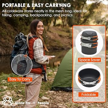 Camping Cookware Mess Kit, Non-Stick Lightweight Camping Pots and Pans with Kettle, Stainless Steel Cups Plates Forks Knives Spoons for Backpacking, Hiking, Outdoor Cooking