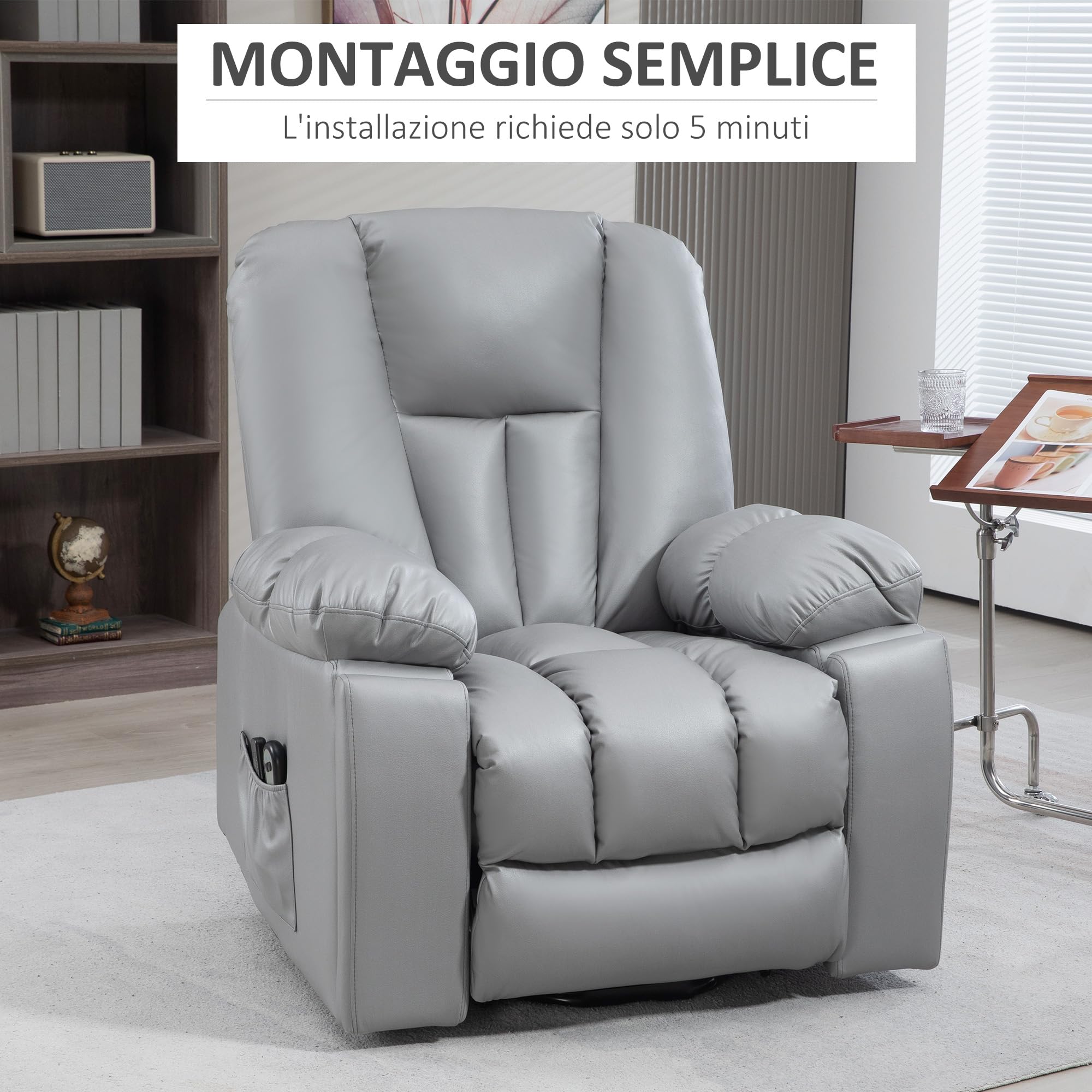 HOMCOM Poltrona Alzapersona Elettrica Reclinabile con 8 Punti Massaggianti e Telecomando, Poltrona Moderna in Microfibra, 94x96x106 cm, Grigio