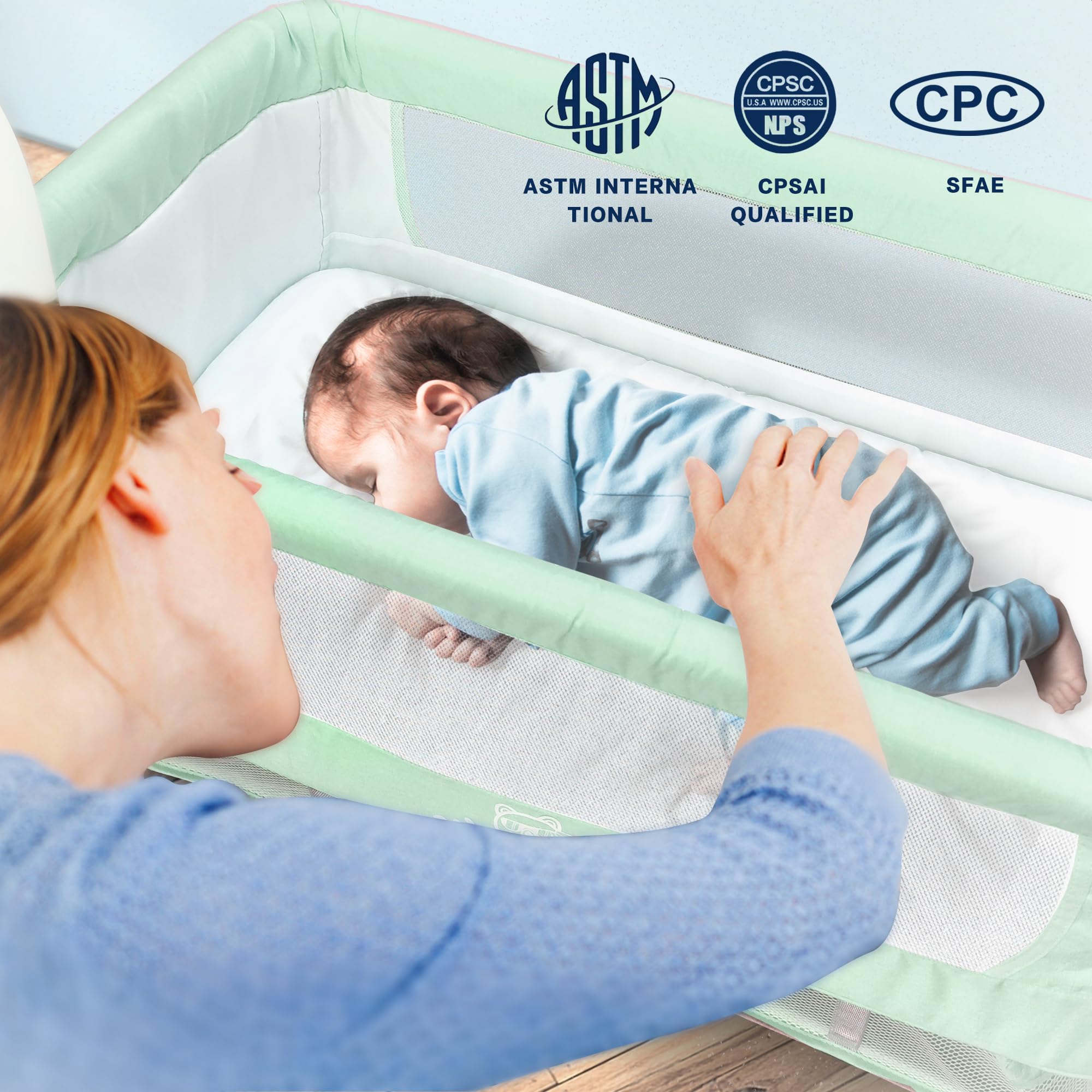 Portable Baby Bassinet with Adjustable Height, Breathable Mesh, Removable Canopy, Compact Design for Nursery and Travel, ASTM Certified, Newborn to Toddler,Green