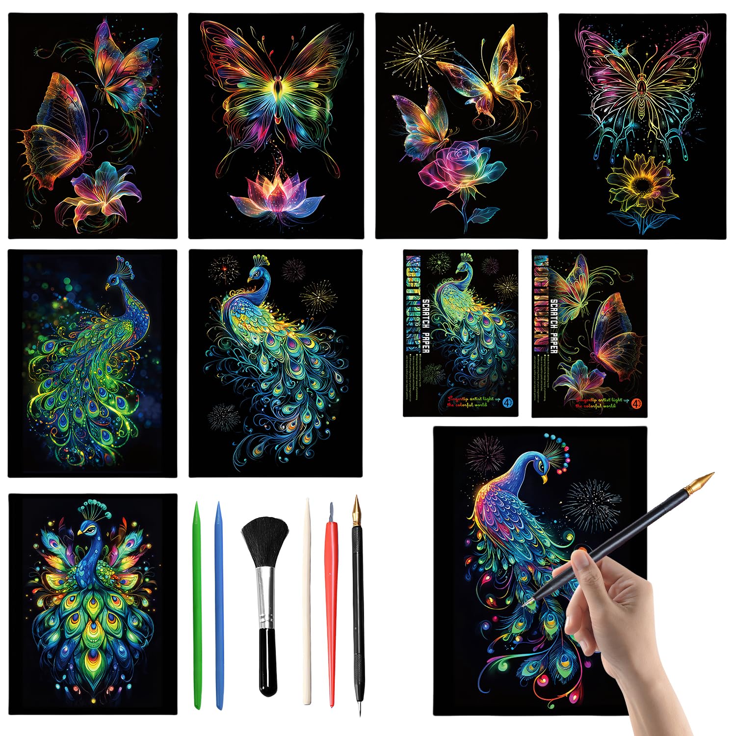 ZEKW Scratch Art for Adults and Kids, 8-Piece Luminous Rainbow Scratch Notes Kit with Scratching Tools
