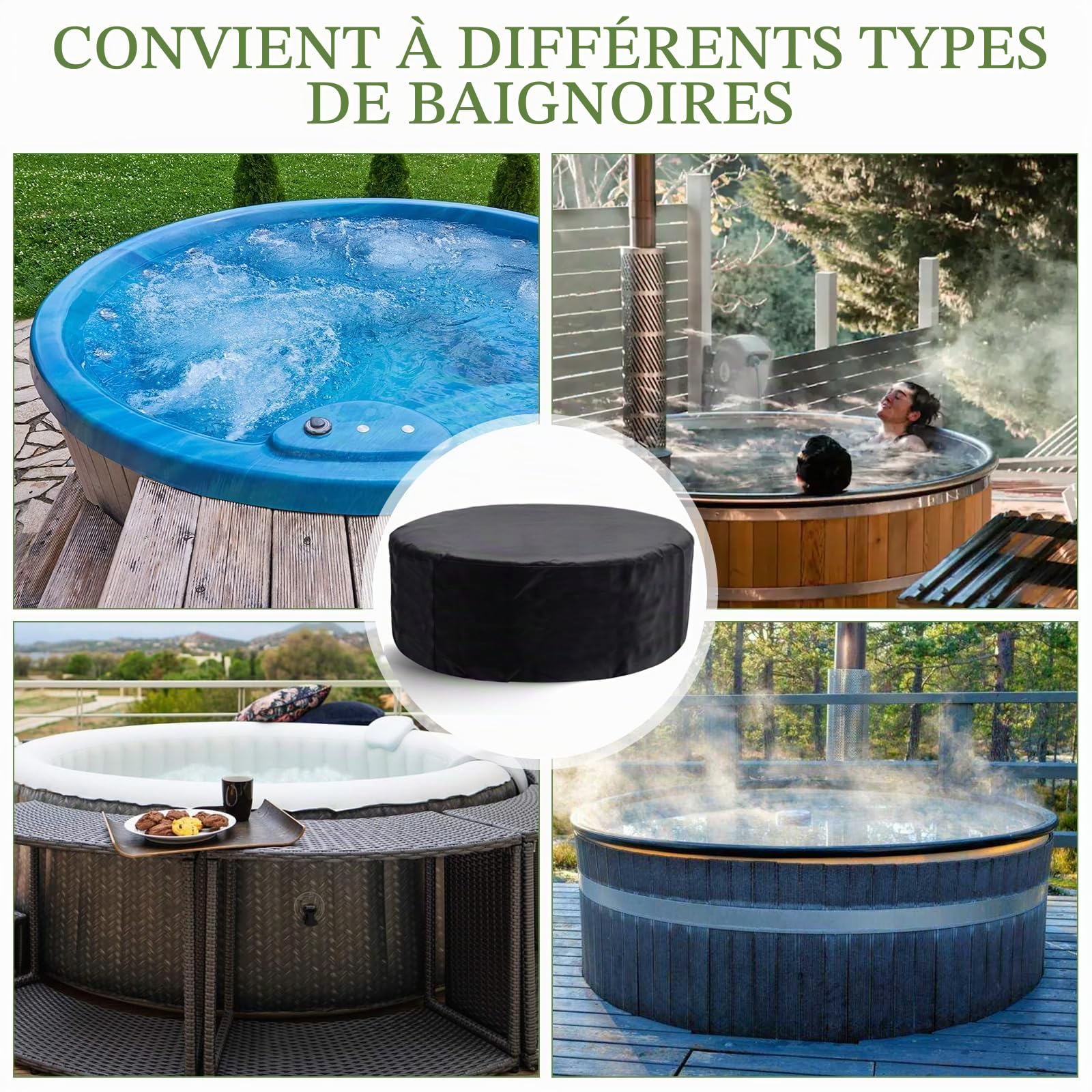 YumSur Couverture ronde pour jacuzzi, 190 x 70 cm, 420D couverture complète, résistante aux UV, imperméable, portable, pour jacuzzis d’extérieur, remplacement idéal pour jacuzzi 4 personnes