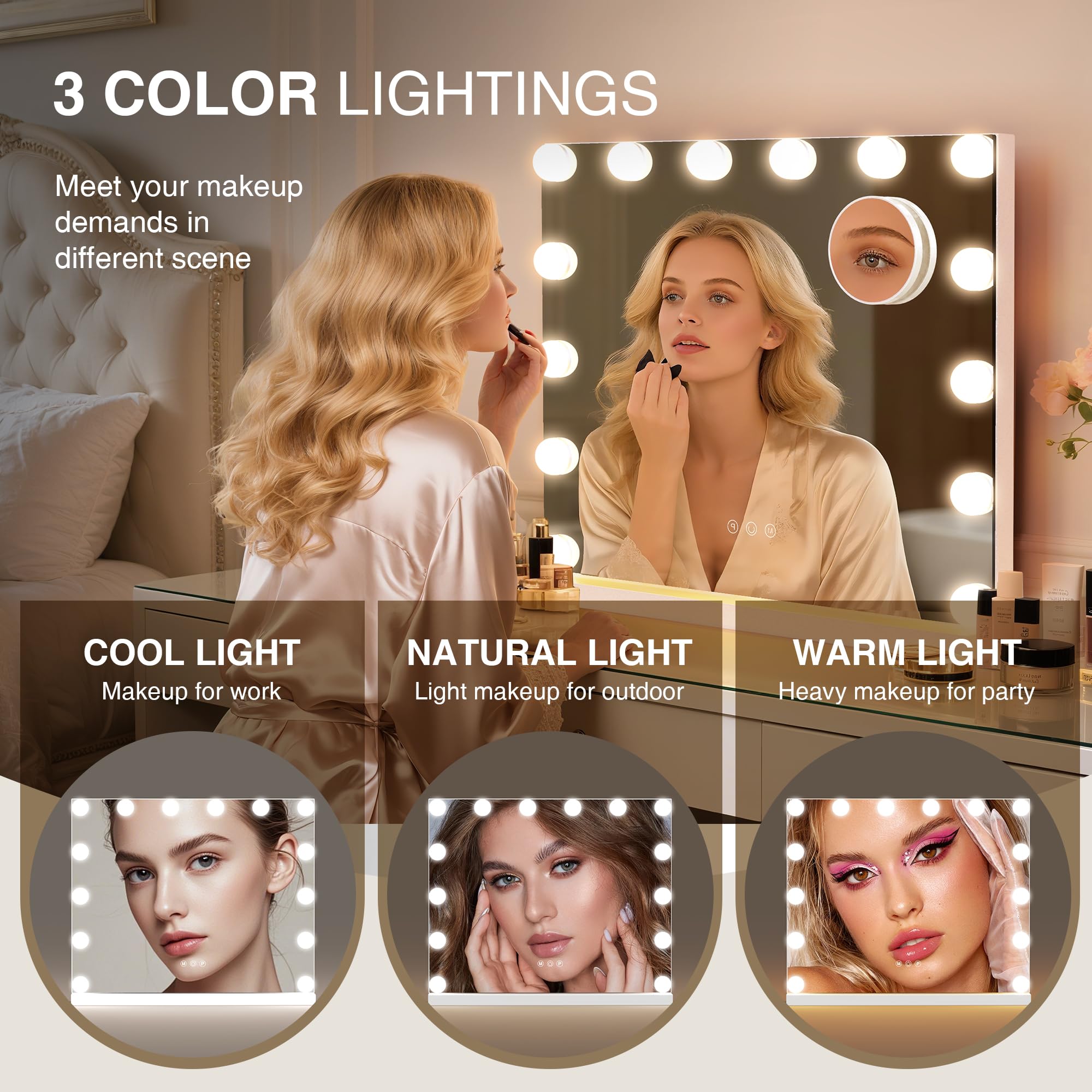 Miroir cosmétique Hollywood avec 3 Modes de Couleur, Miroir cosmétique éclairé avec Lampes LED à intensité Variable et grossissement 10x pour Bureau (52 cm x 40 cm)