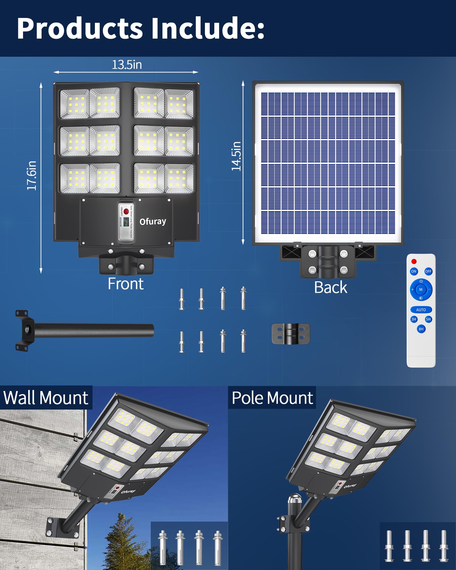 Ofuray Of-2000W Lampadaire Solaire Extérieur, 6500K Projecteur Solaire avec Detecteur de Mouvement, IP67 Étanche Lampe Solaire Exterieur Puissante avec Télécommande pour Rue, Cour, Garage